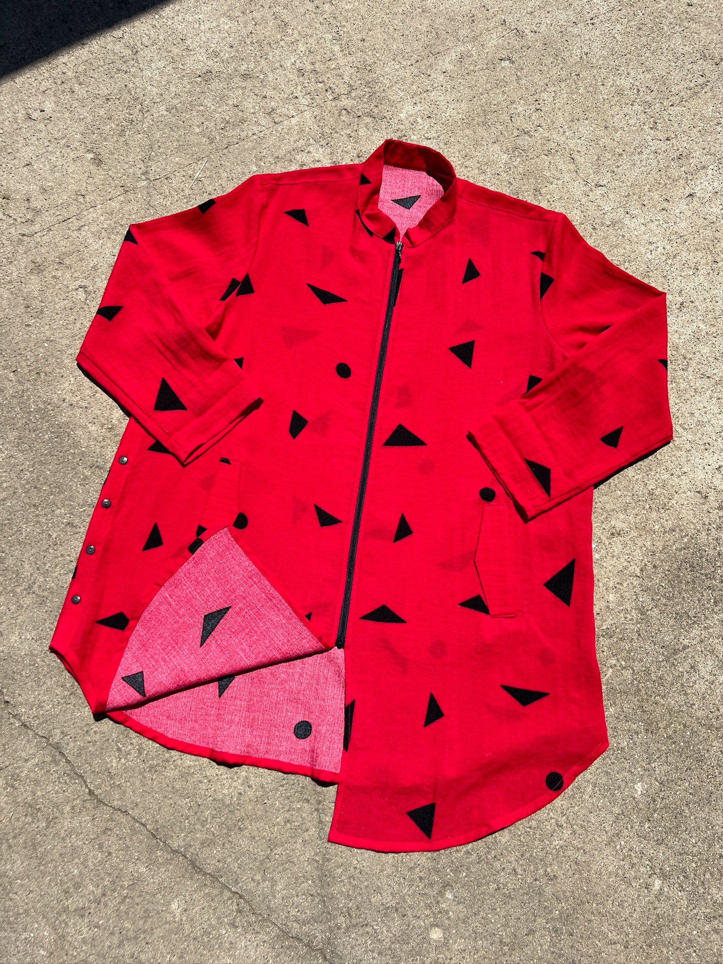 Fridaze Red Geometric Pattern Zip-Up Linen Jacket | L/XL