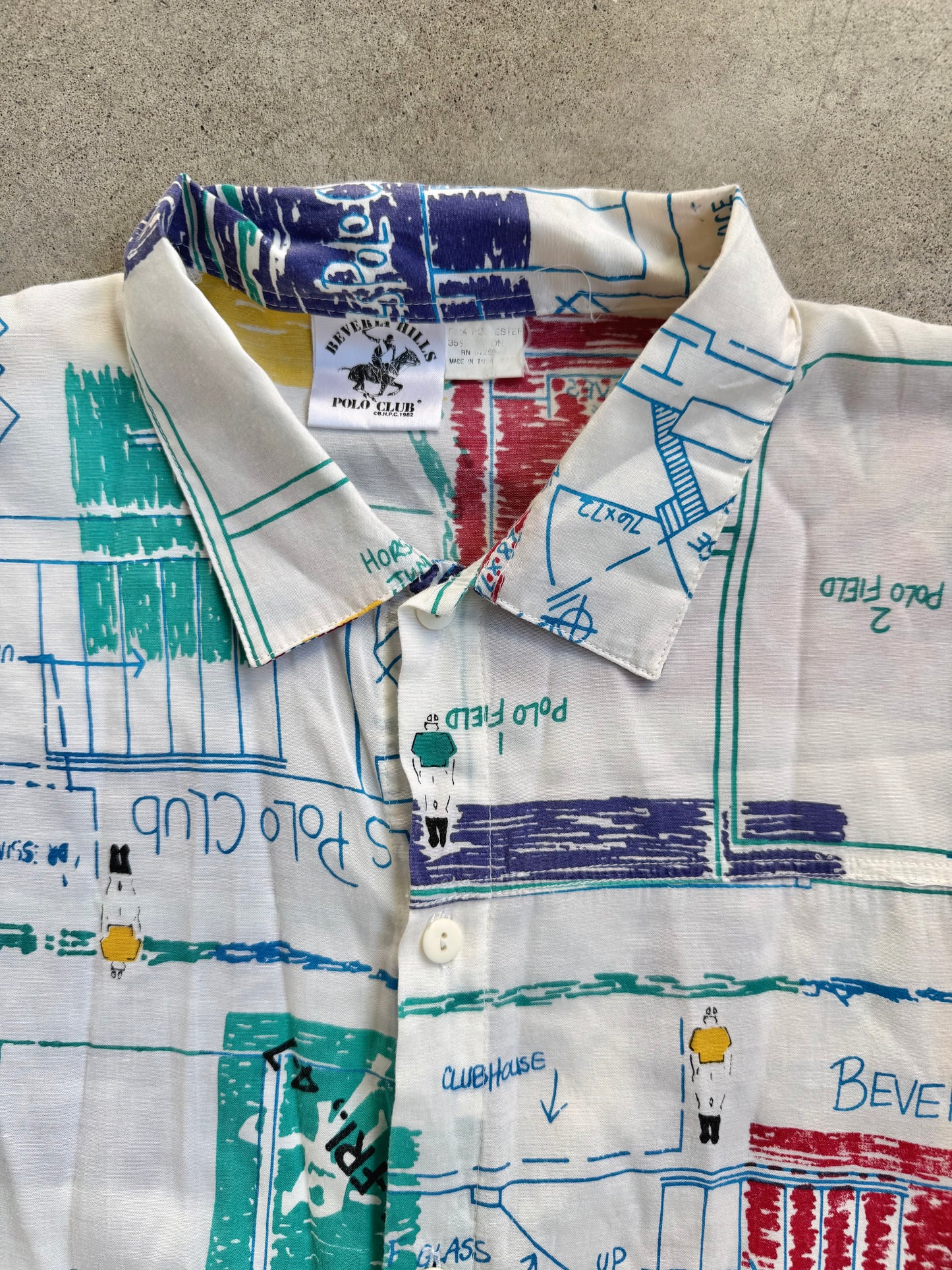Vintage 1980s Beverly Hills Polo Club Retro Blueprint Collared Shirt | Medium