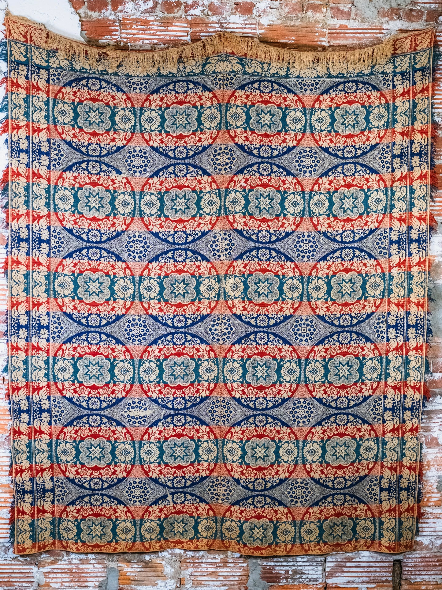 Antique 1850's Jacquard Woven Floral Medallion Fringe Trim Coverlet Blanket