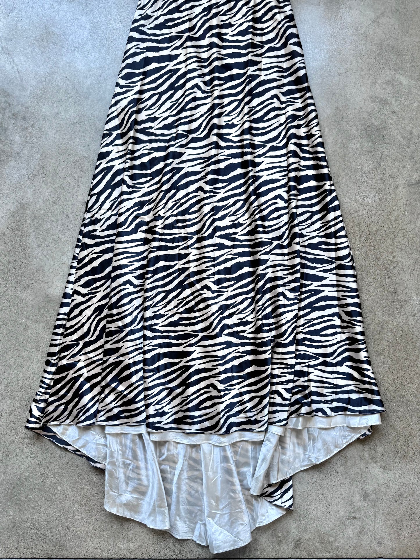 2000s Jovani Satin Zebra Print Sequined Floor Length Formal Dress | Small