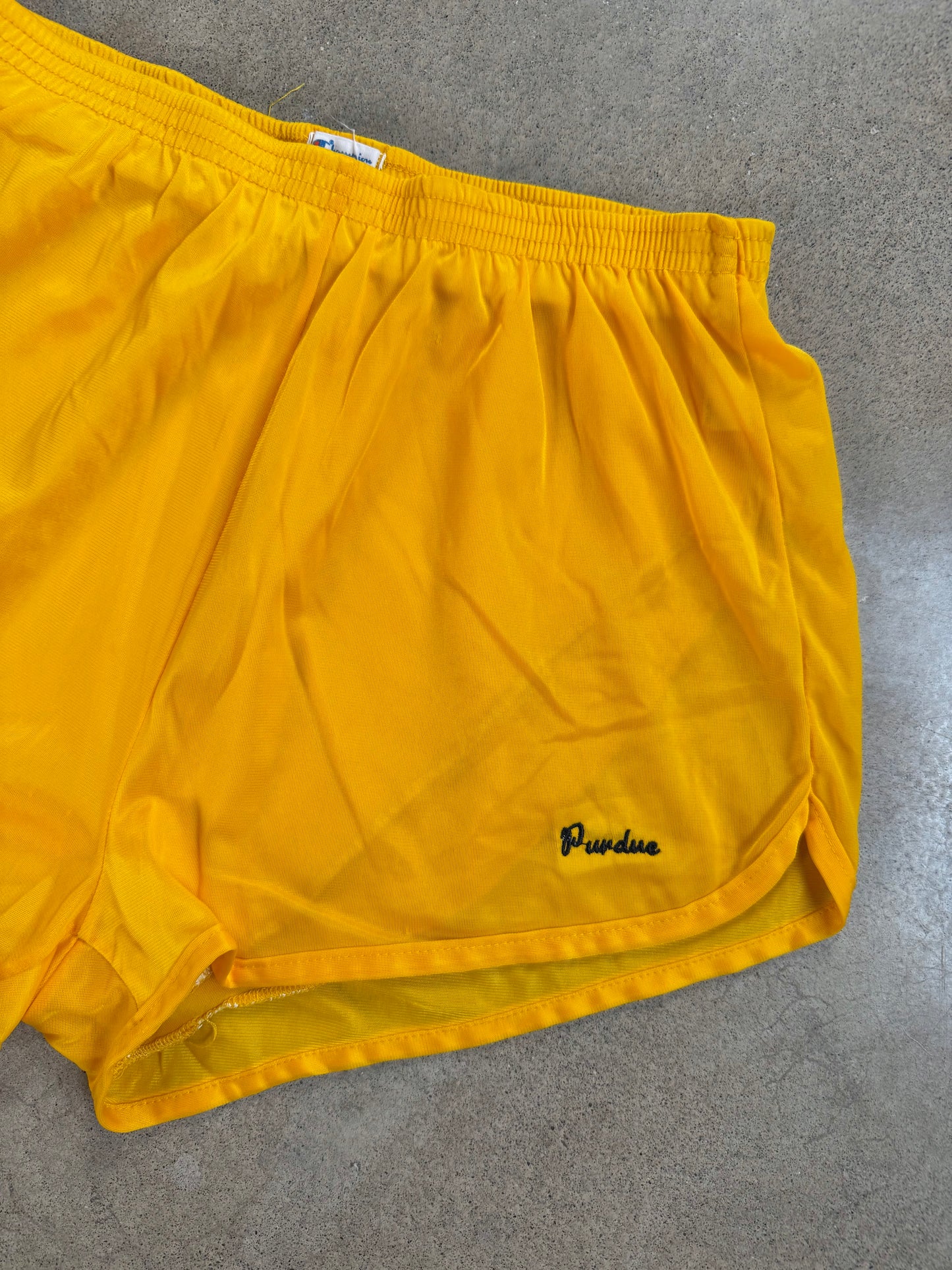 Vintage 1980s Champion Purdue University Yellow Nylon Gym Shorts | M/L