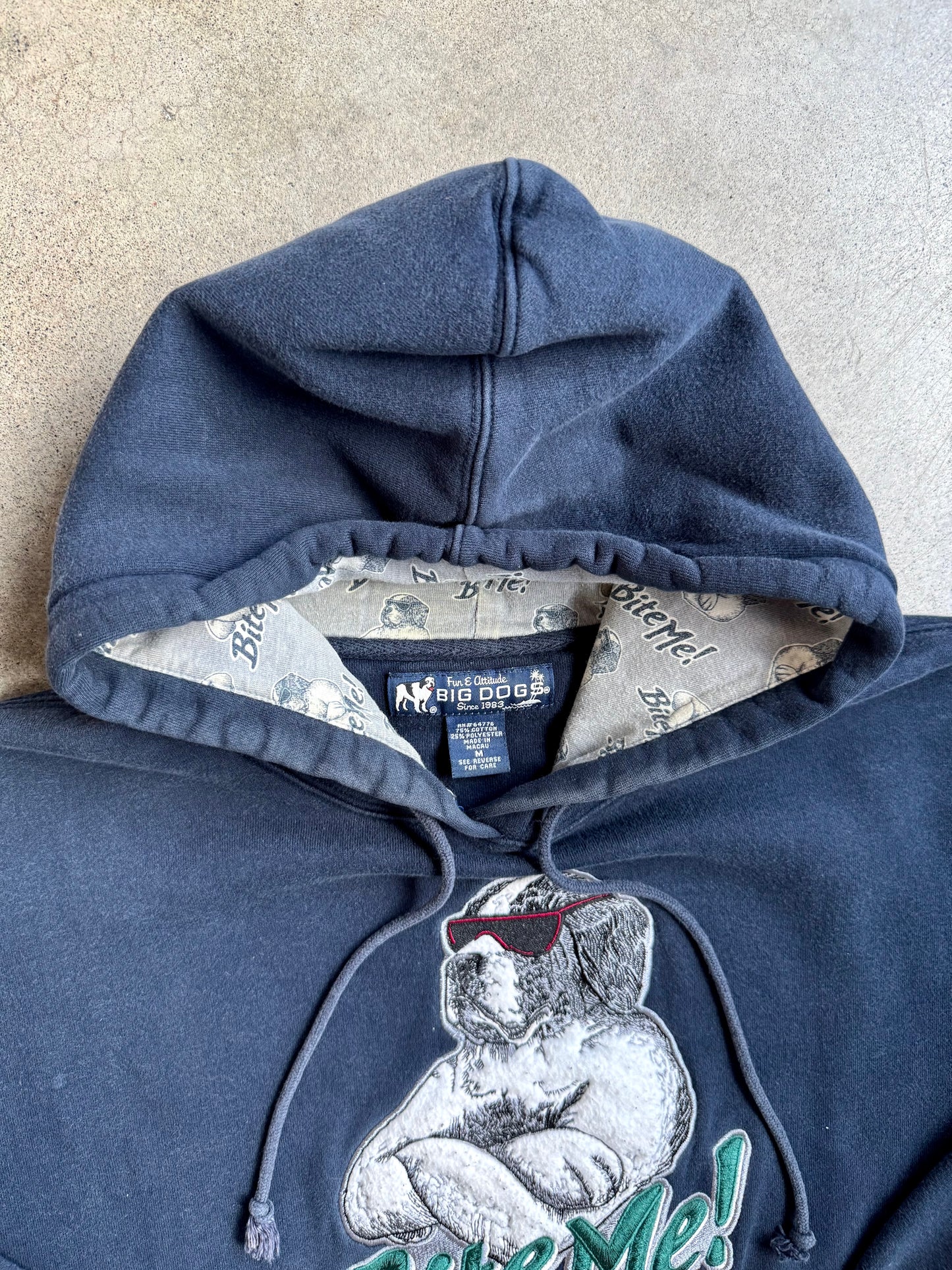 Vintage 1990s Big Dogs "Bite Me" Navy Blue Hoodie | Medium