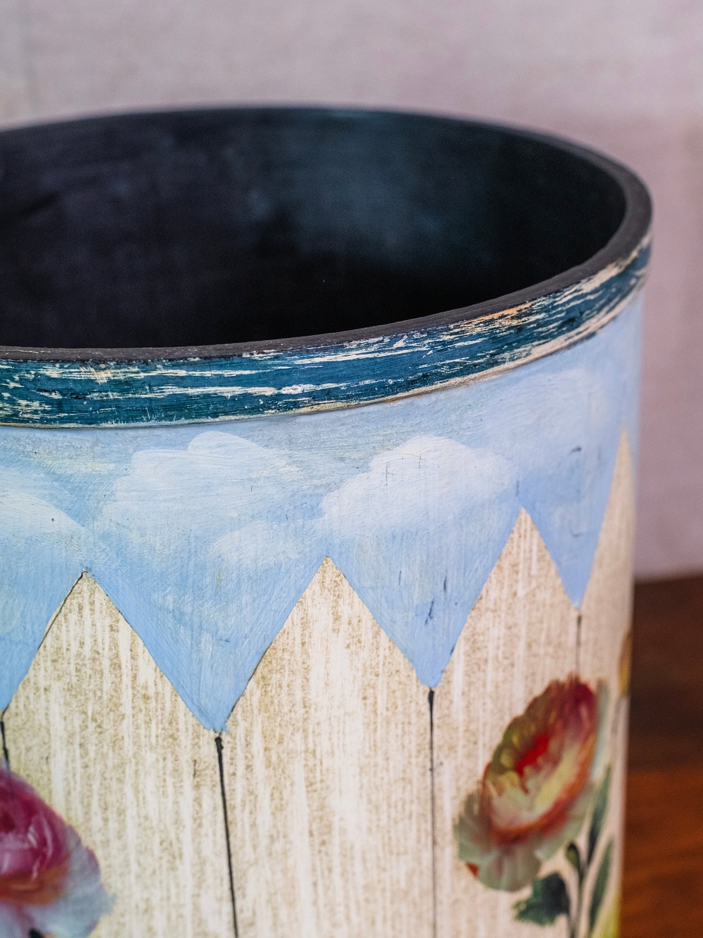 Vintage Italian Tole Hand-Painted Picket Fence Spring Flower Trash Bin