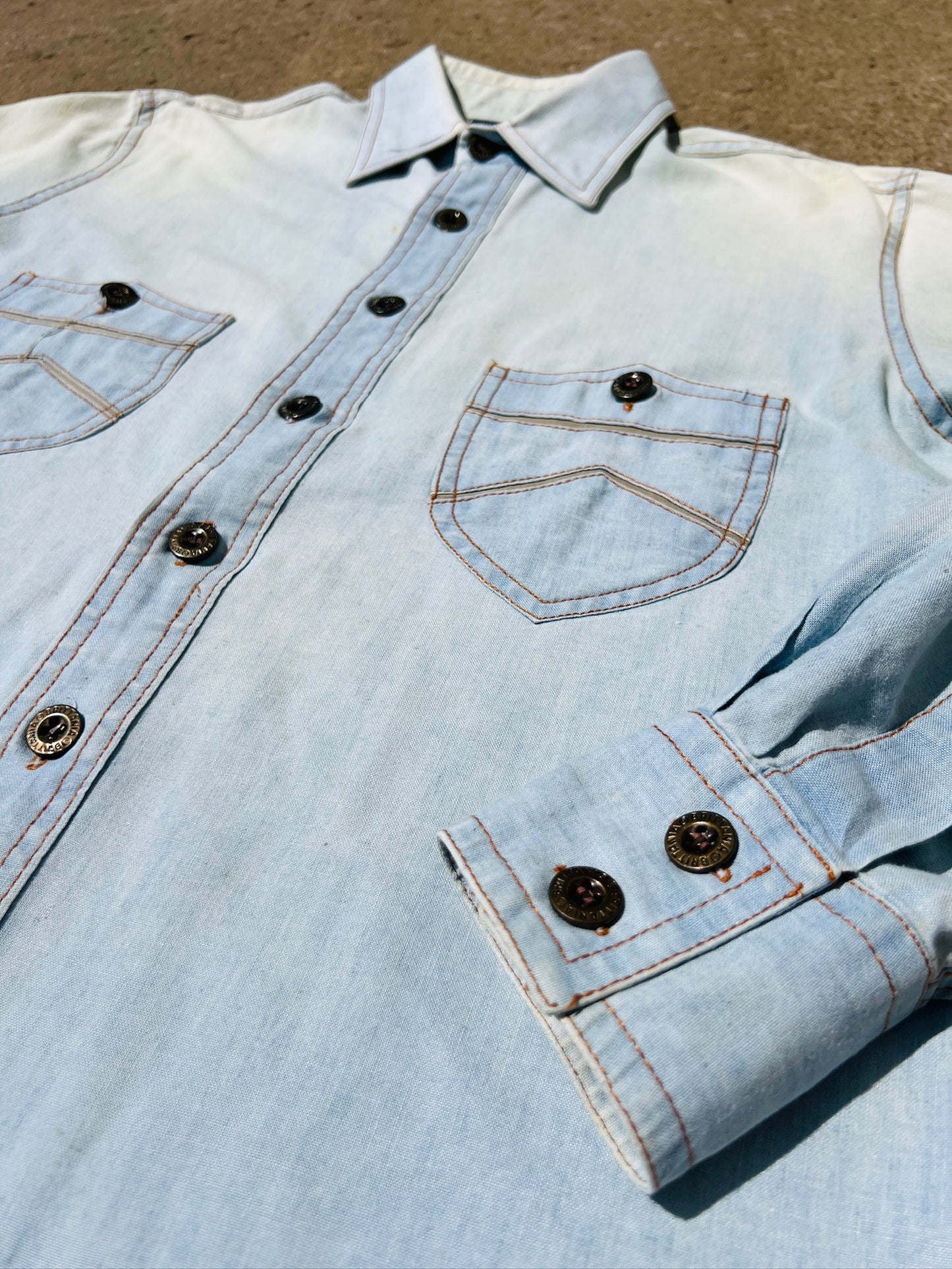 Vintage 1970s Brittania Faded Denim Button-Up Western Shirt | Large