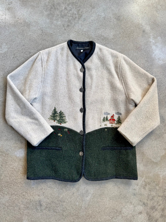 Vintage 1990s Quartiere Latino Austrian "Woodland Town" Embroidered Wool Jacket | Small