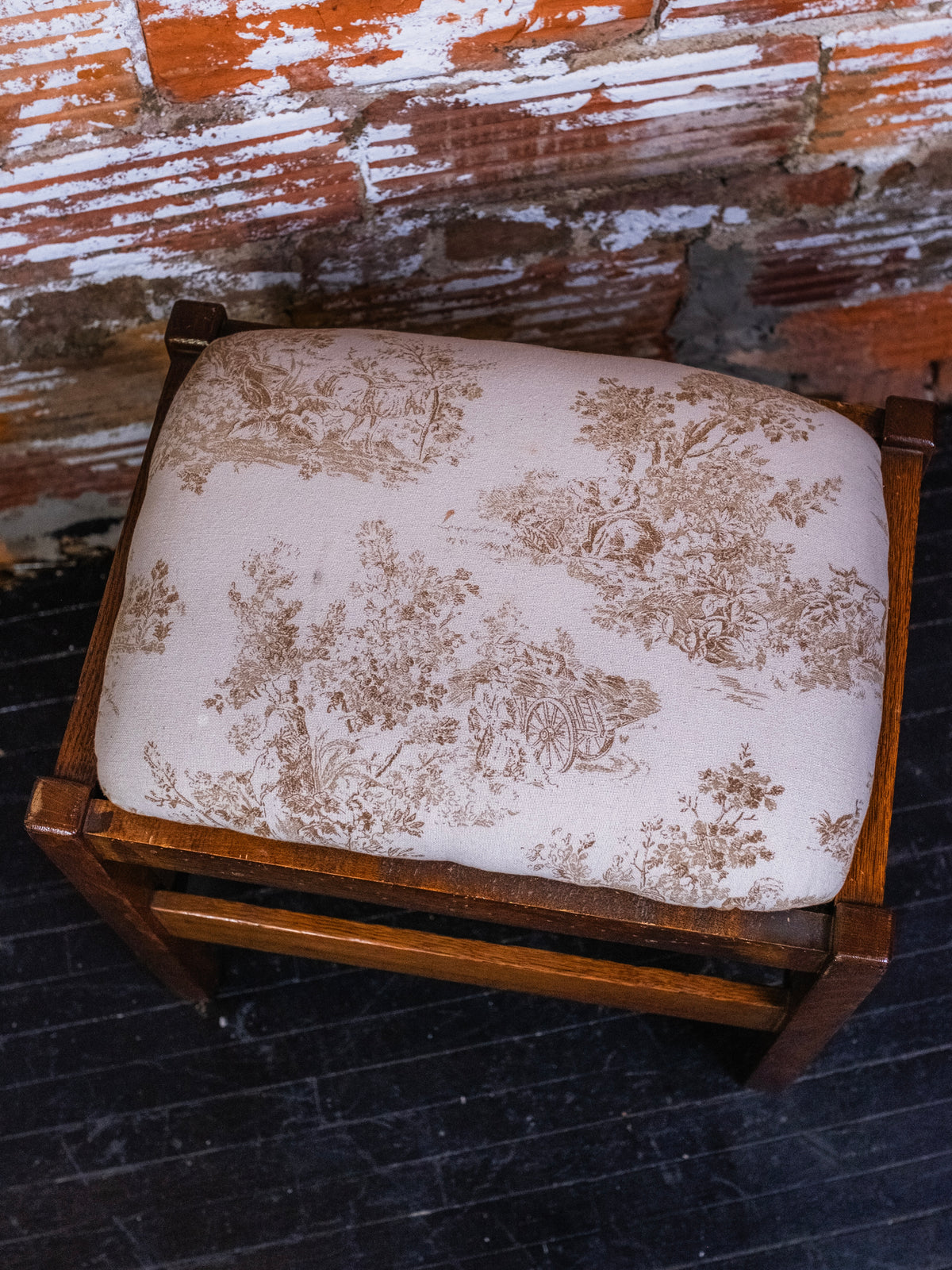 Antique Mission-Style Wood Toile Pattern Upholstered Footstool