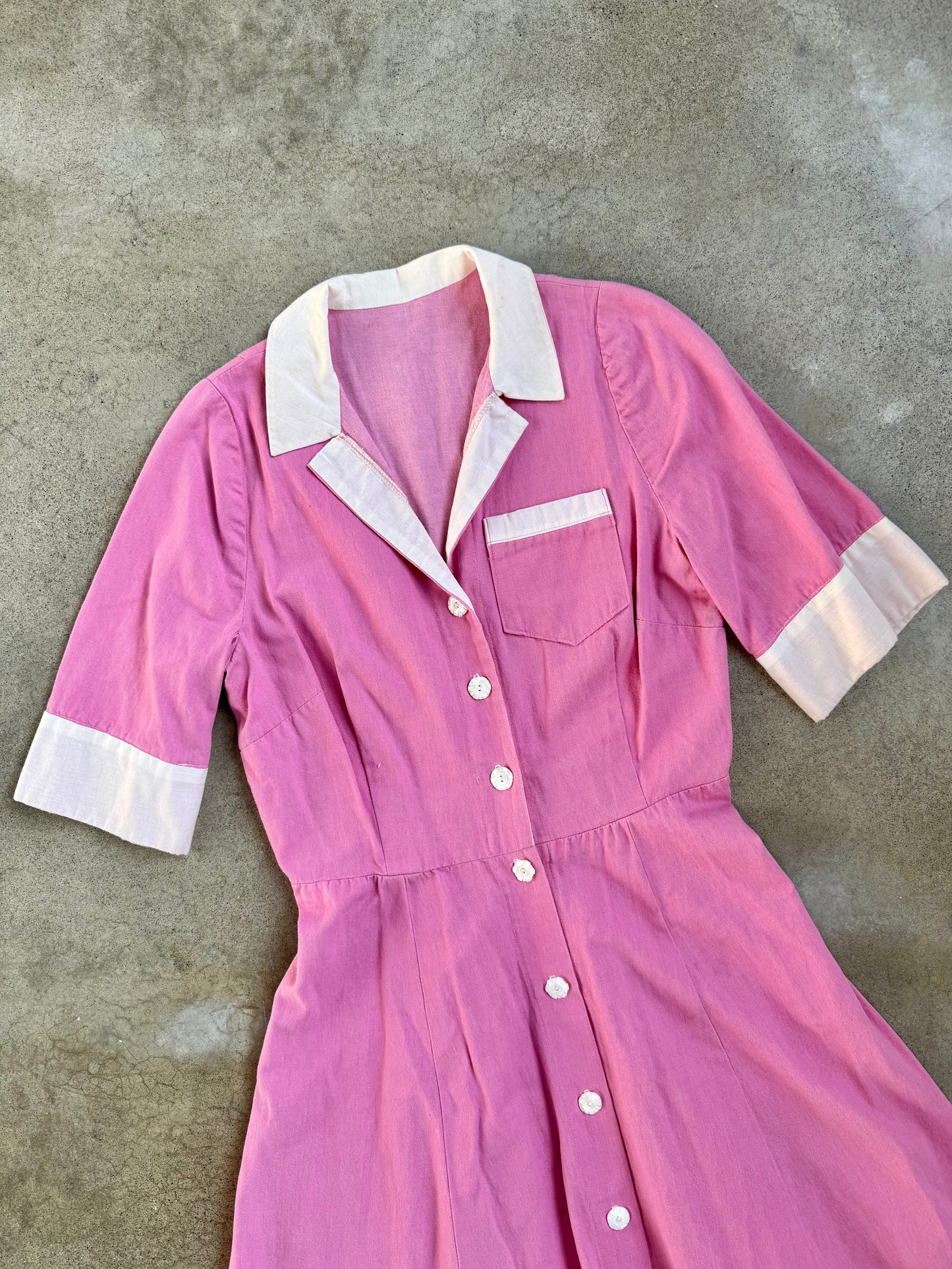 Vintage 1960s Pink & White Short Sleeve Collared Uniform Dress | Medium