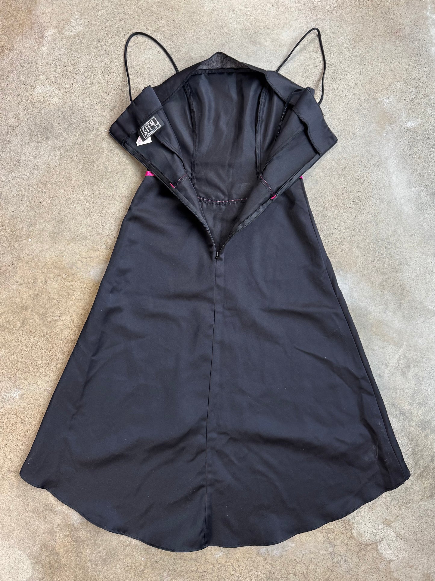 Vintage 1990s City Triangles Black & Pink Satin Asymmetric Party Dress | XS