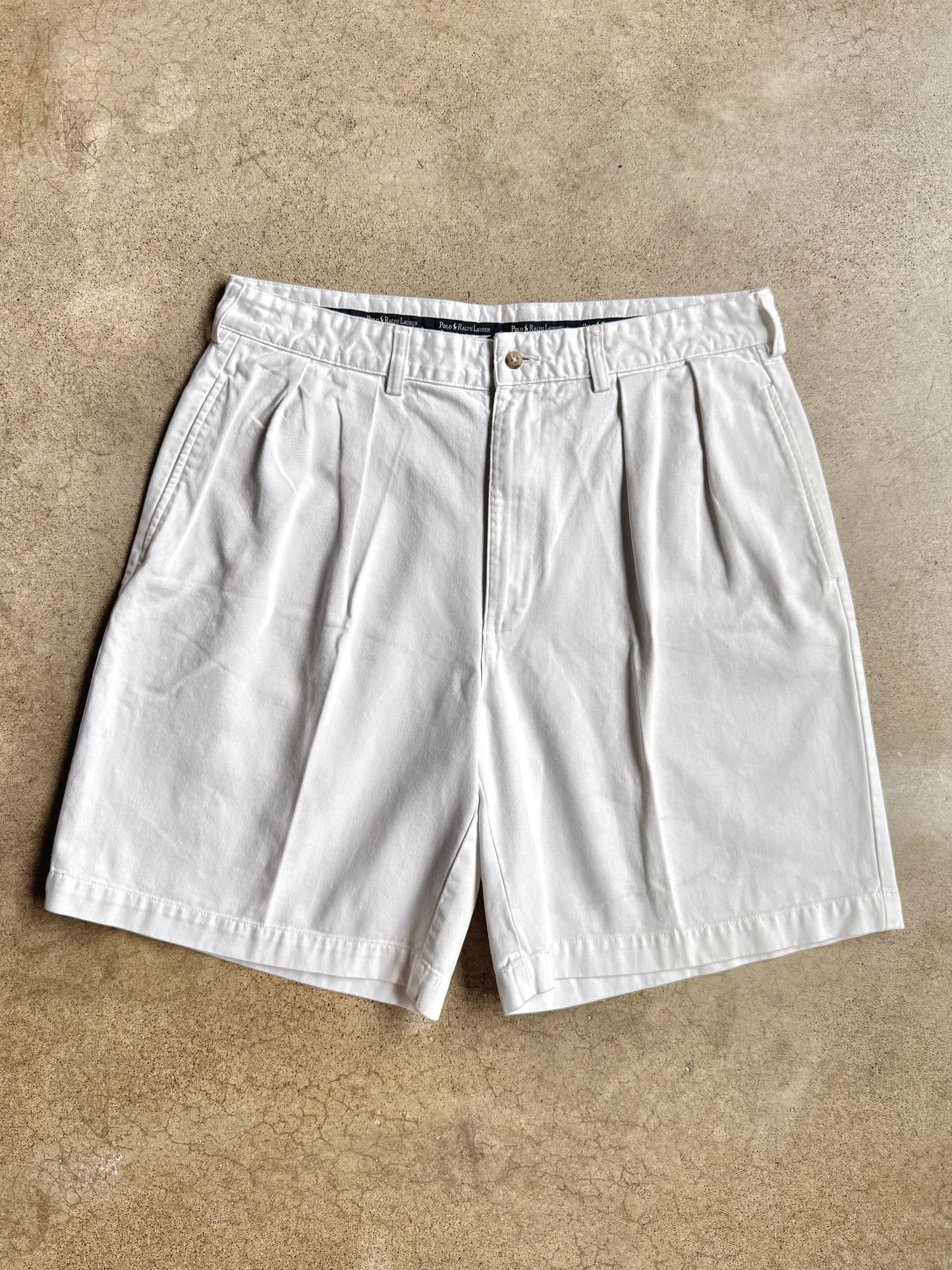 Vintage 1990s Polo Ralph Lauren White Pleated Cotton Shorts | Waist 34”