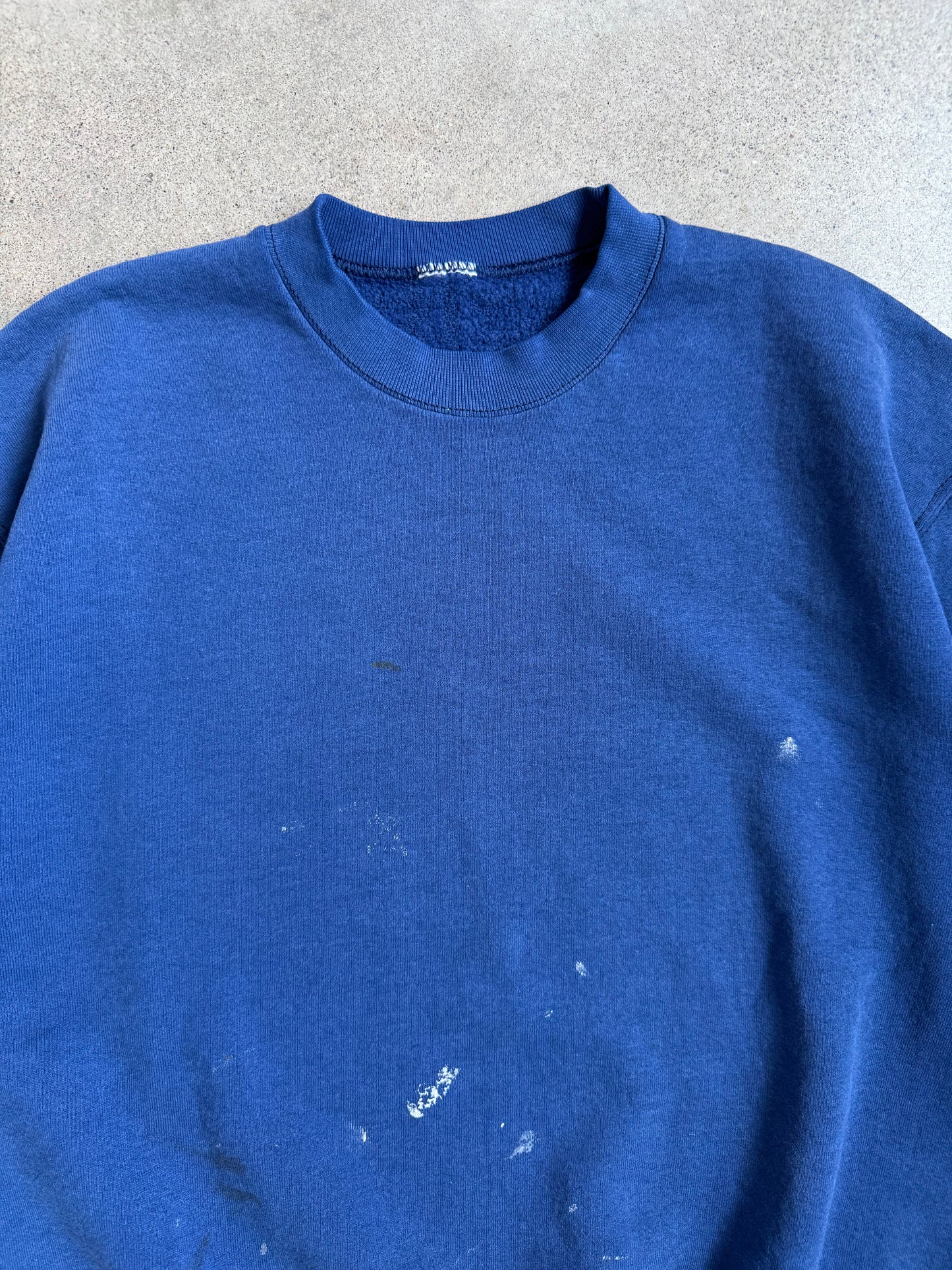 Vintage 1980s Navy Blue Paint Splattered Cut-Off Sleeve Crewneck Sweatshirt | XL