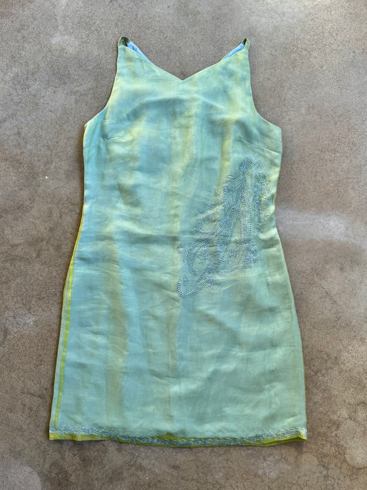 Vintage 1990s Express Green & Blue Paisley Embroidered Silk Mini Dress | M/L