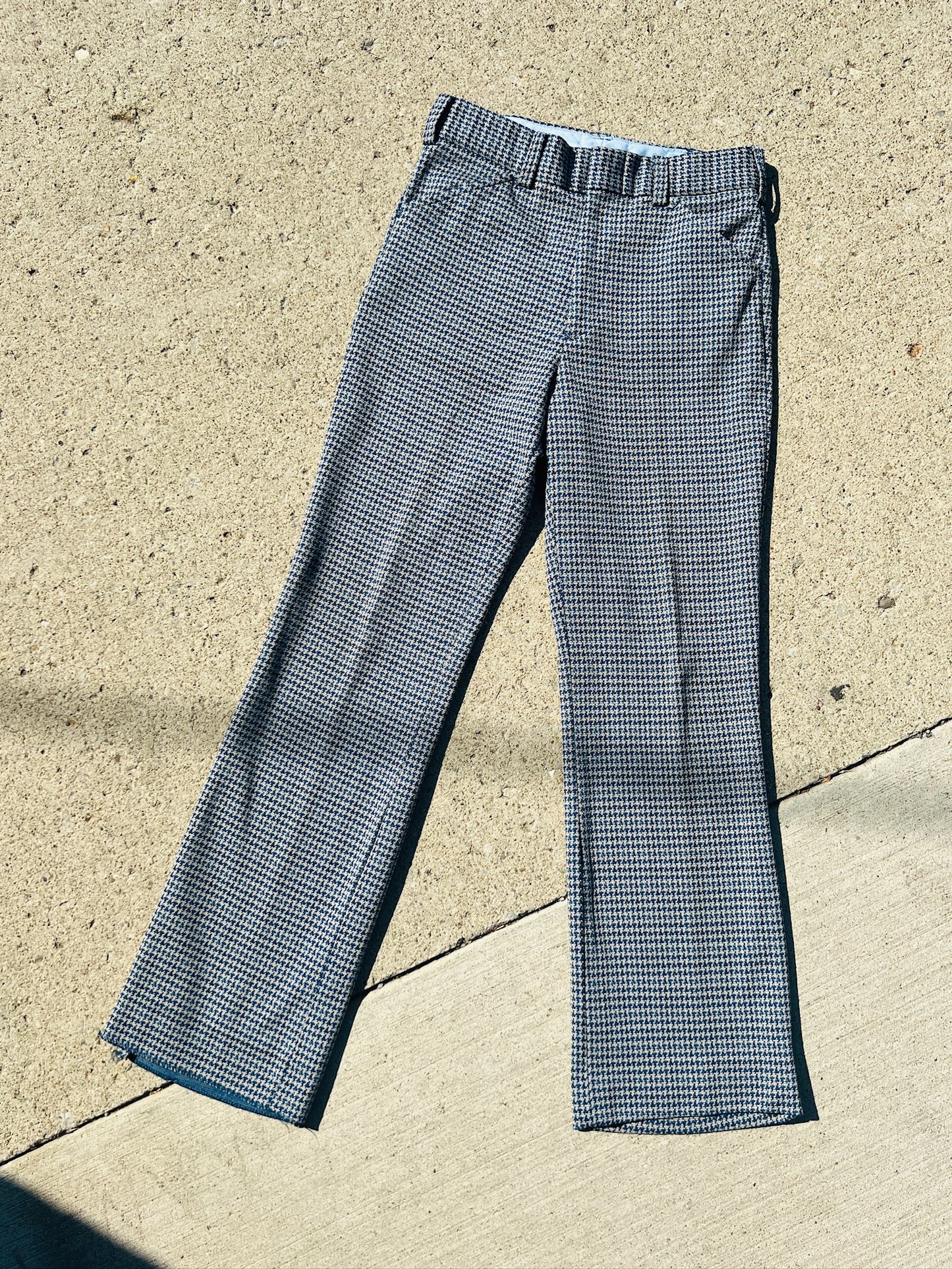 Vintage 1970s Blue Houndstooth Polyester Knit Pants