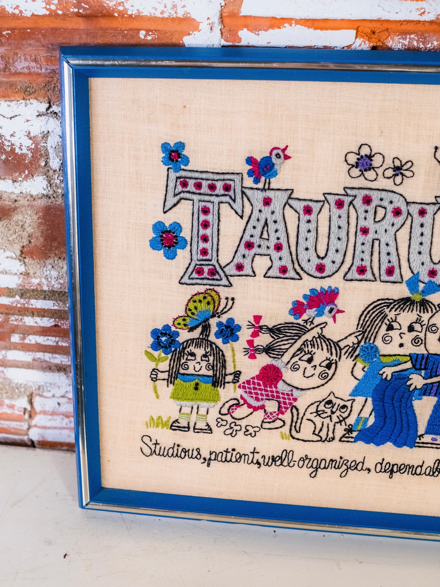 Vintage 1970s Framed Taurus Zodiac Crewel Embroidery Wall Hanging