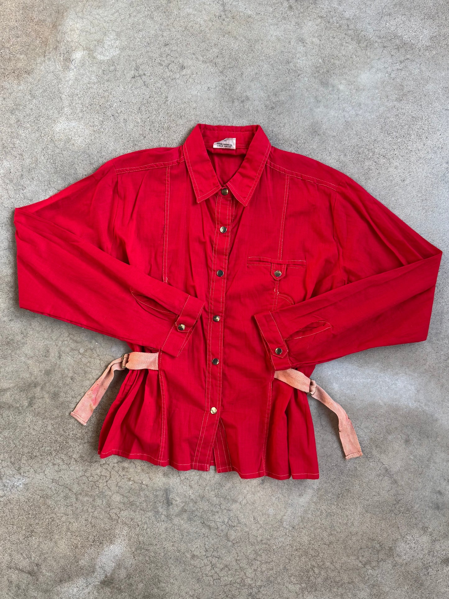 Vintage 1970s Mahudi Miami Red Cinch Waist Belt Cotton Shirt | Large
