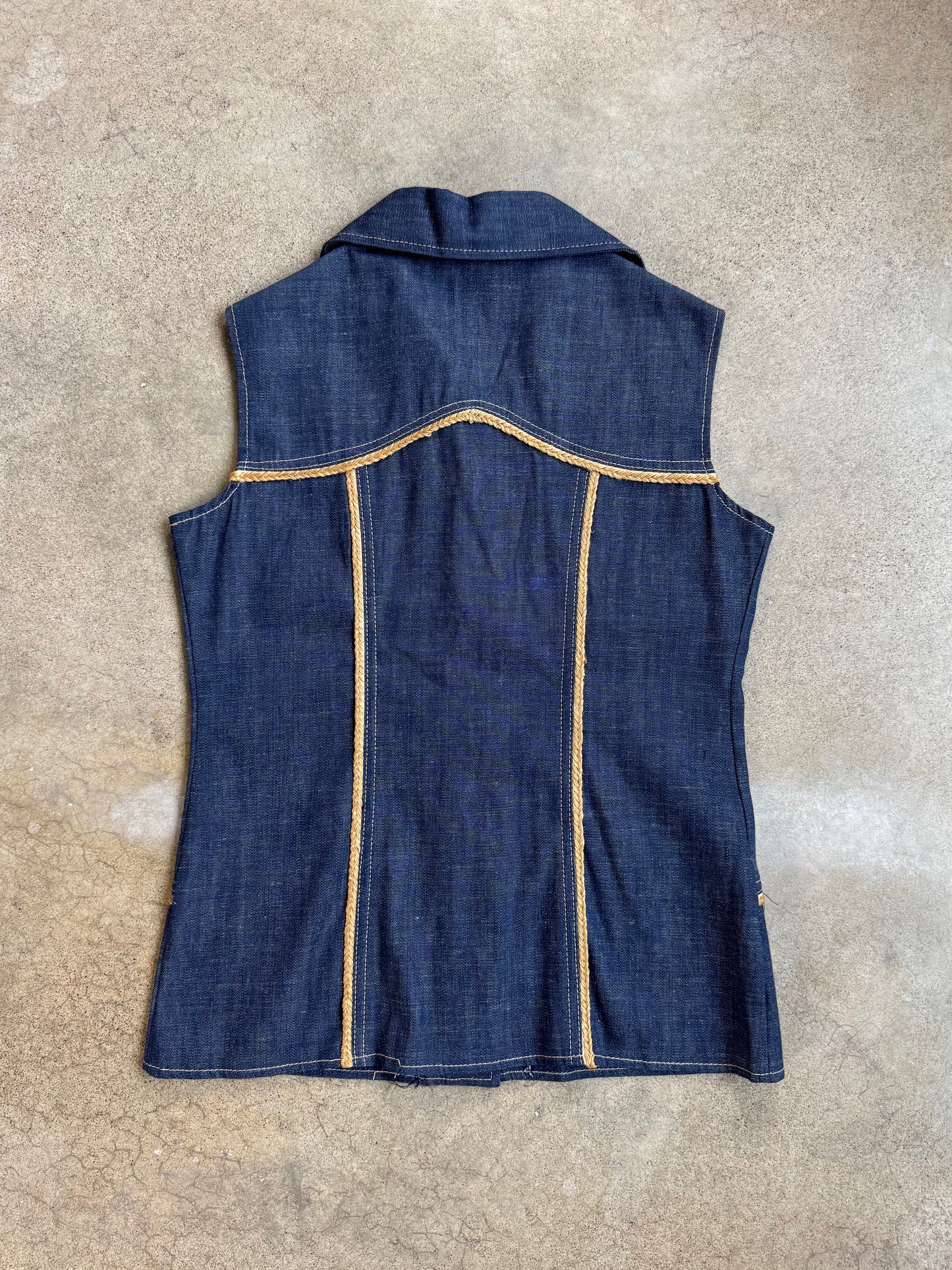 Vintage 1970s Prior Western Braided Trim Denim Vest Top | XS/S