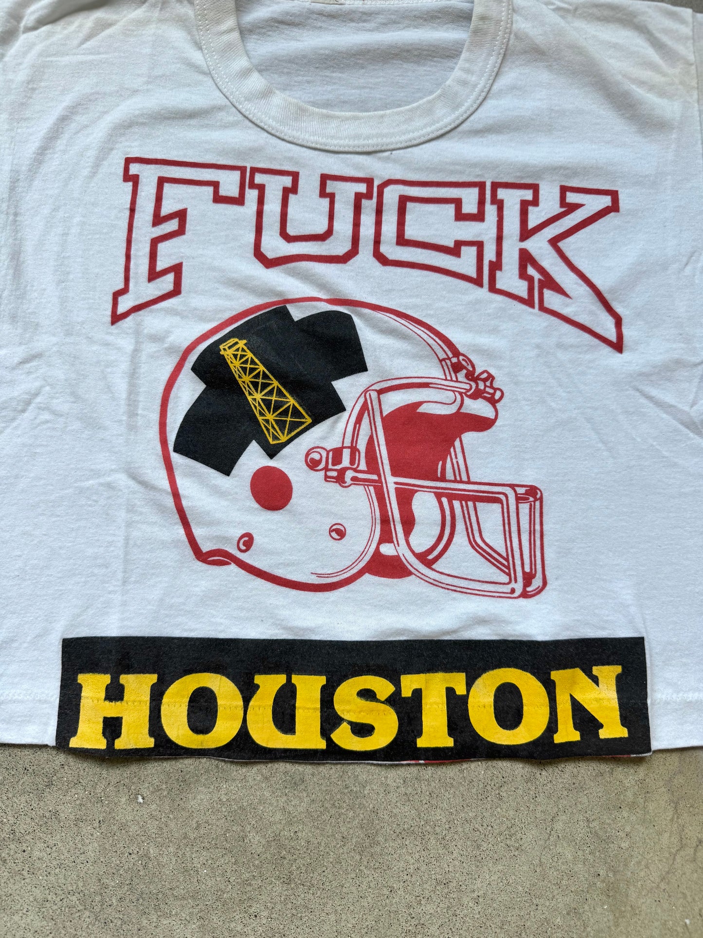 Vintage 1980s White Cropped “F*** Houston” Football Graphic Tee | Large
