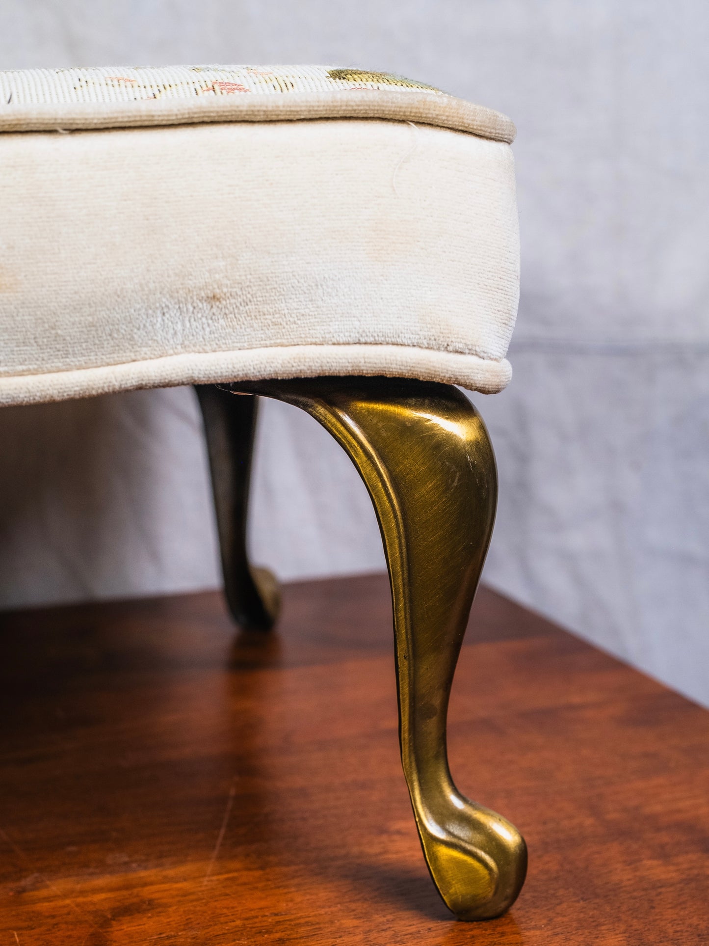 Vintage 1950s Brass Footed Floral Tapestry Footstool
