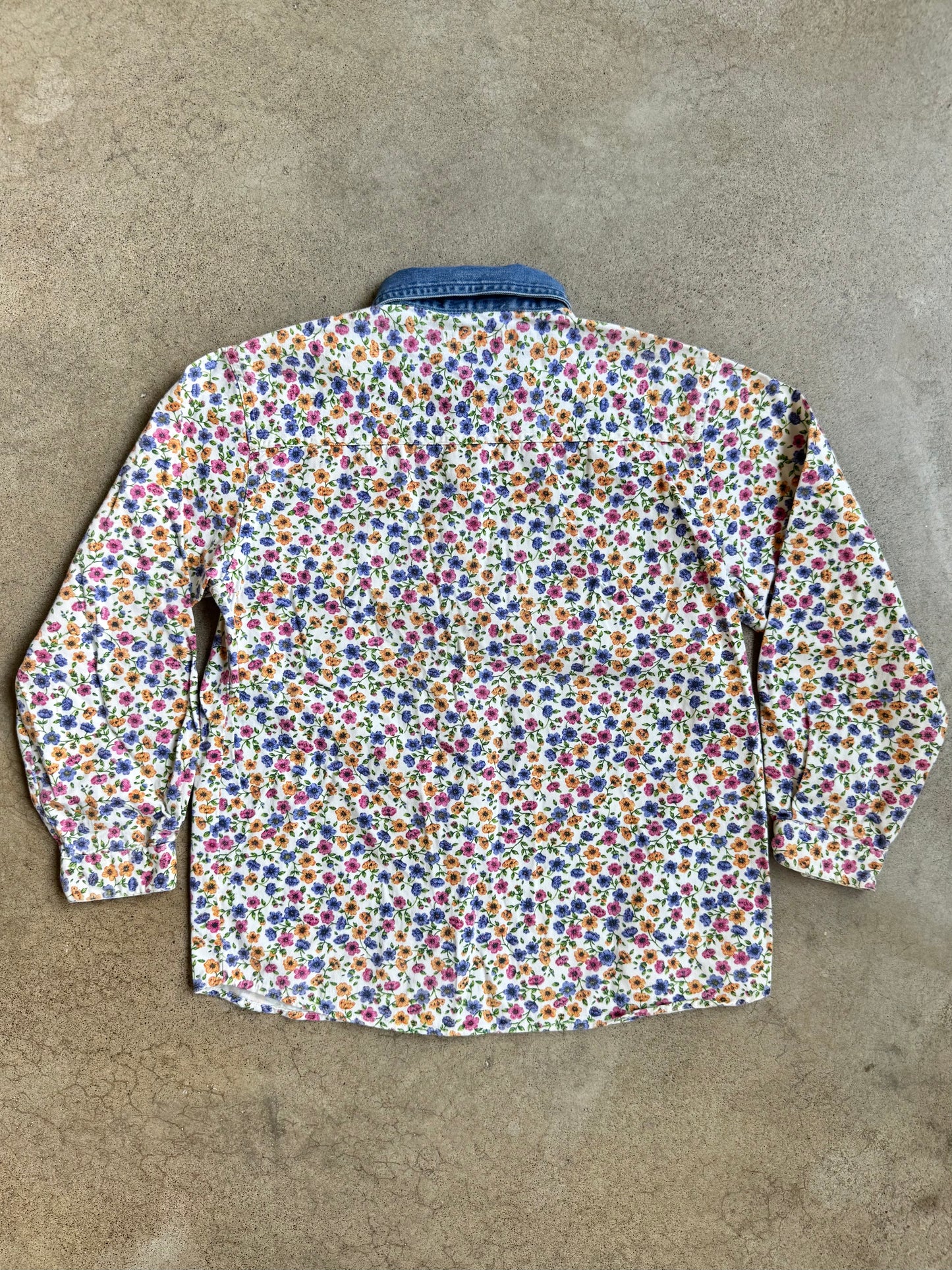 Vintage 1990s Basic Equipment Denim Collar Floral Printed Shirt | XS/S