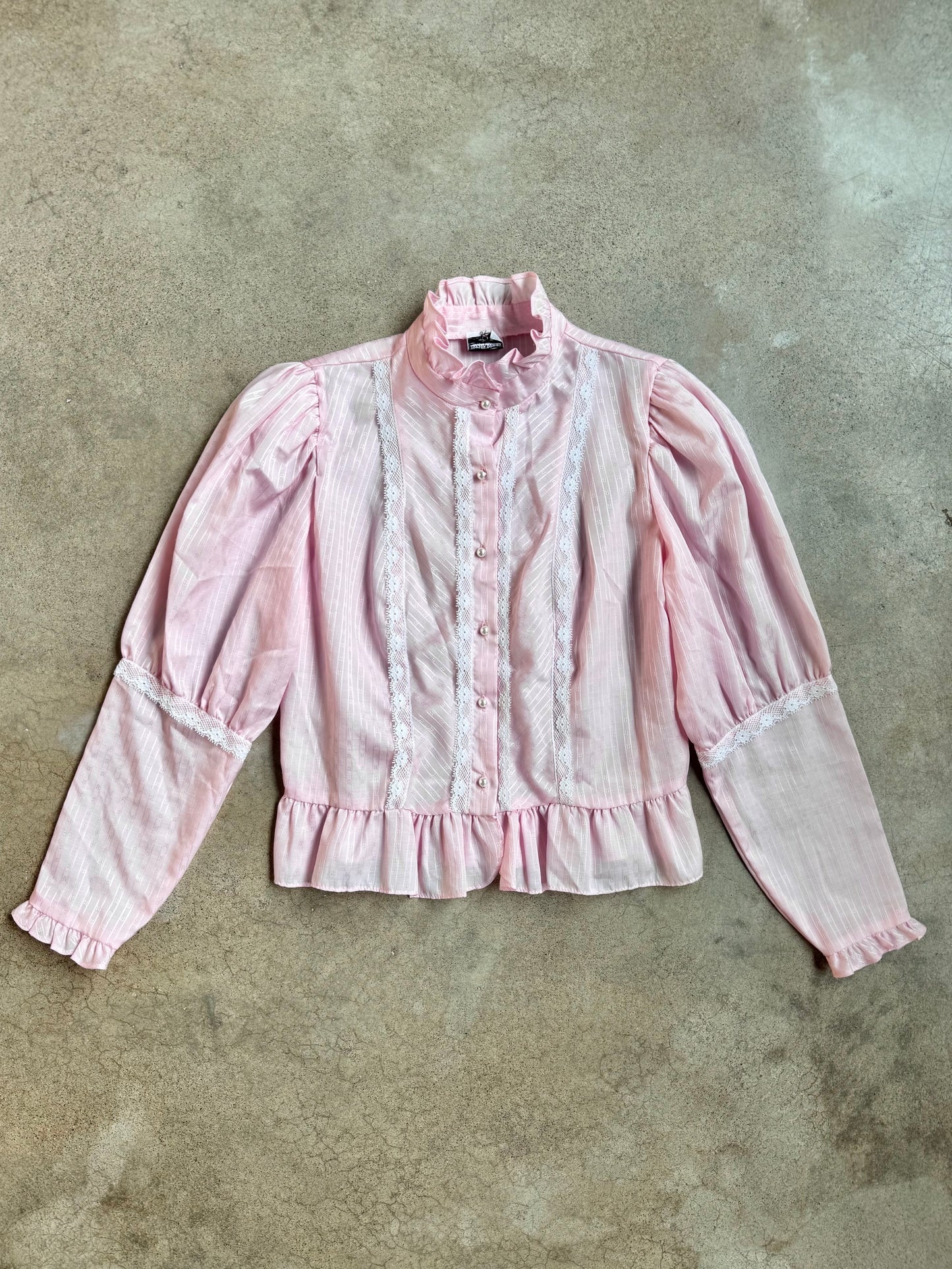 Vintage 1970s Topson Downs California Pink Lace Trim Ruffle Blouse | Large
