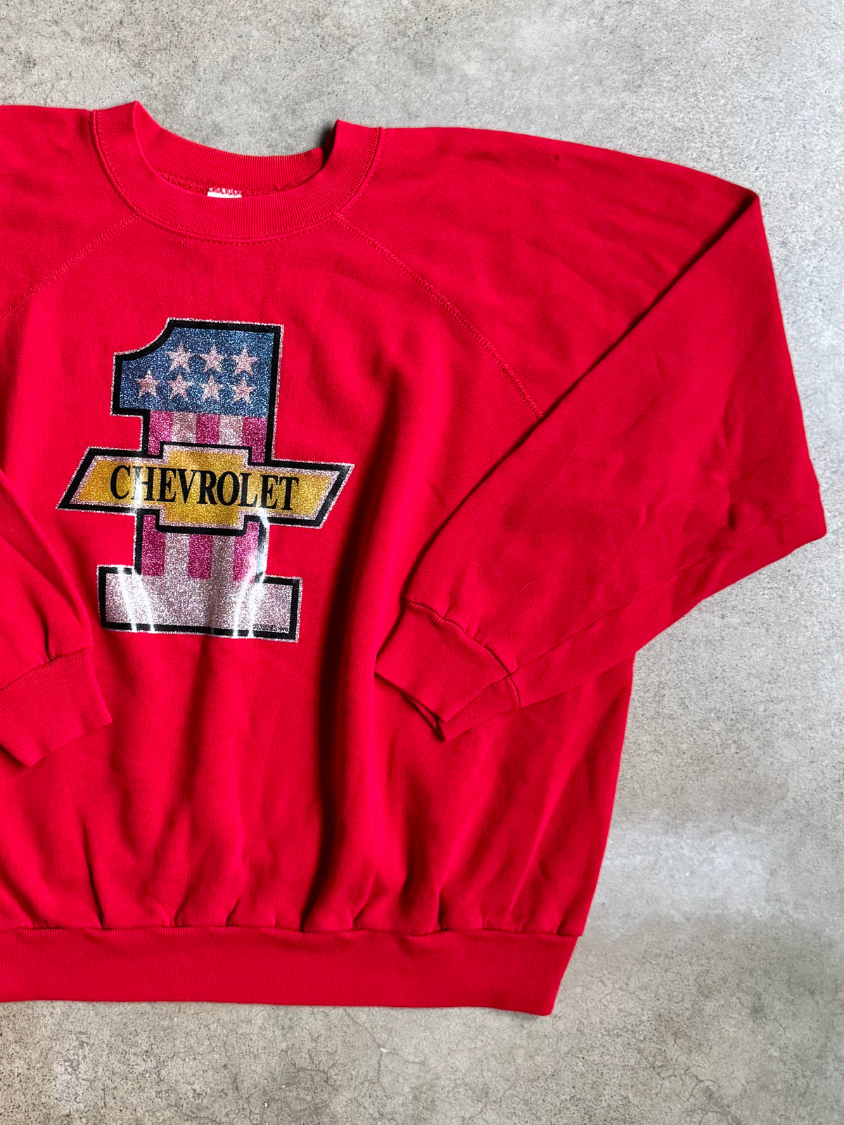 Vintage 1978 Chevrolet Glitter Graphic Red Raglan Sweatshirt | XL