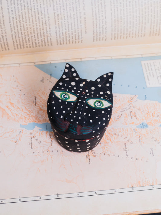 Wood Hand-Carved Painted Folk Art Cat Box