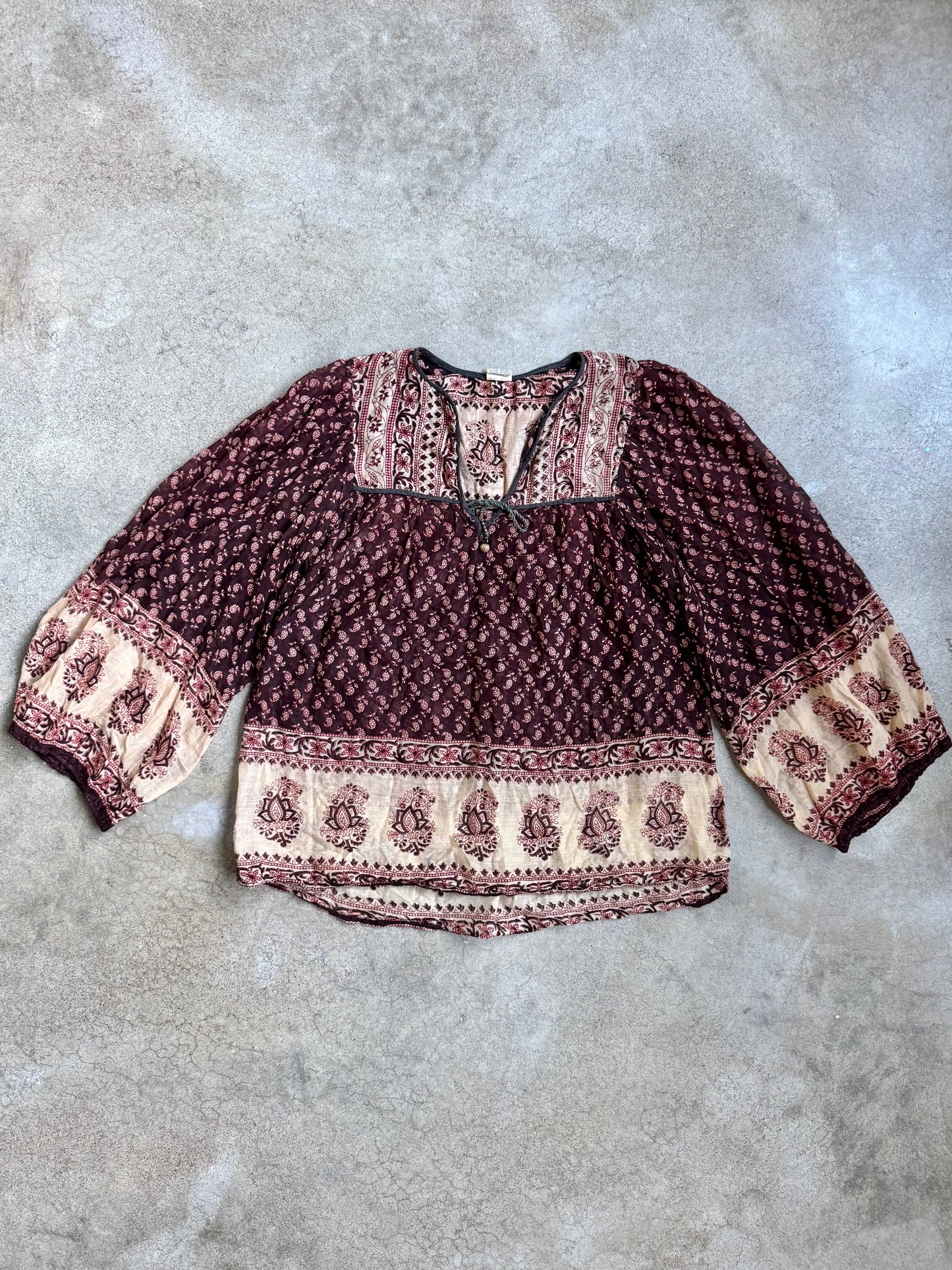 Vintage 1970s Indian Block Print 100% Cotton Gauze Peasant Blouse | Medium