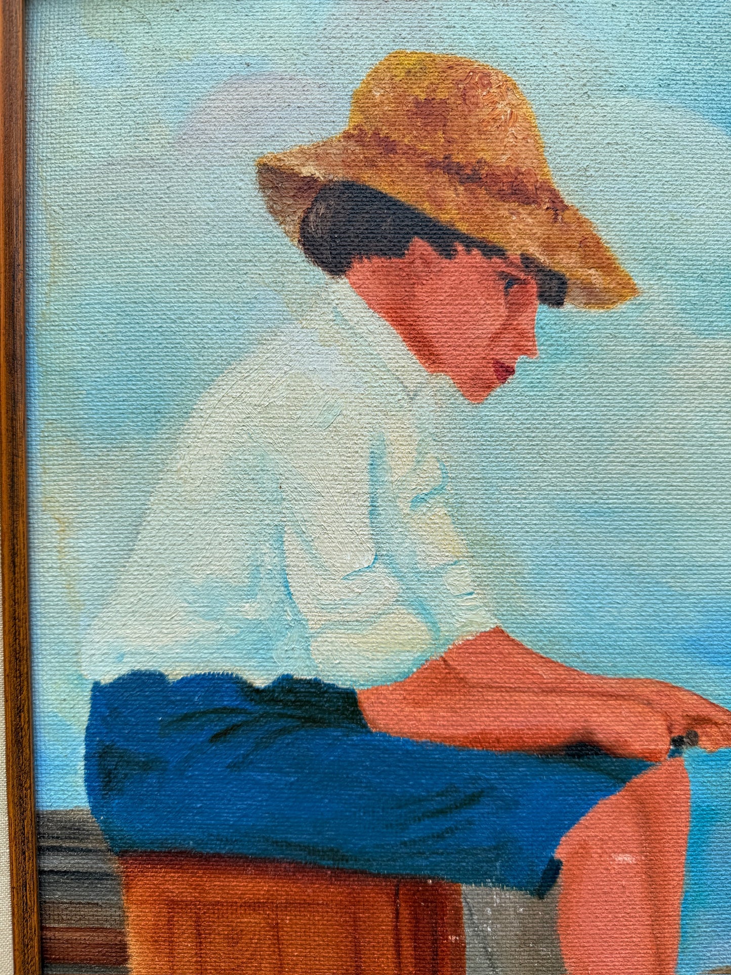 Vintage 1960s Framed & Signed "Boy Fishing" Oil on Board Painting