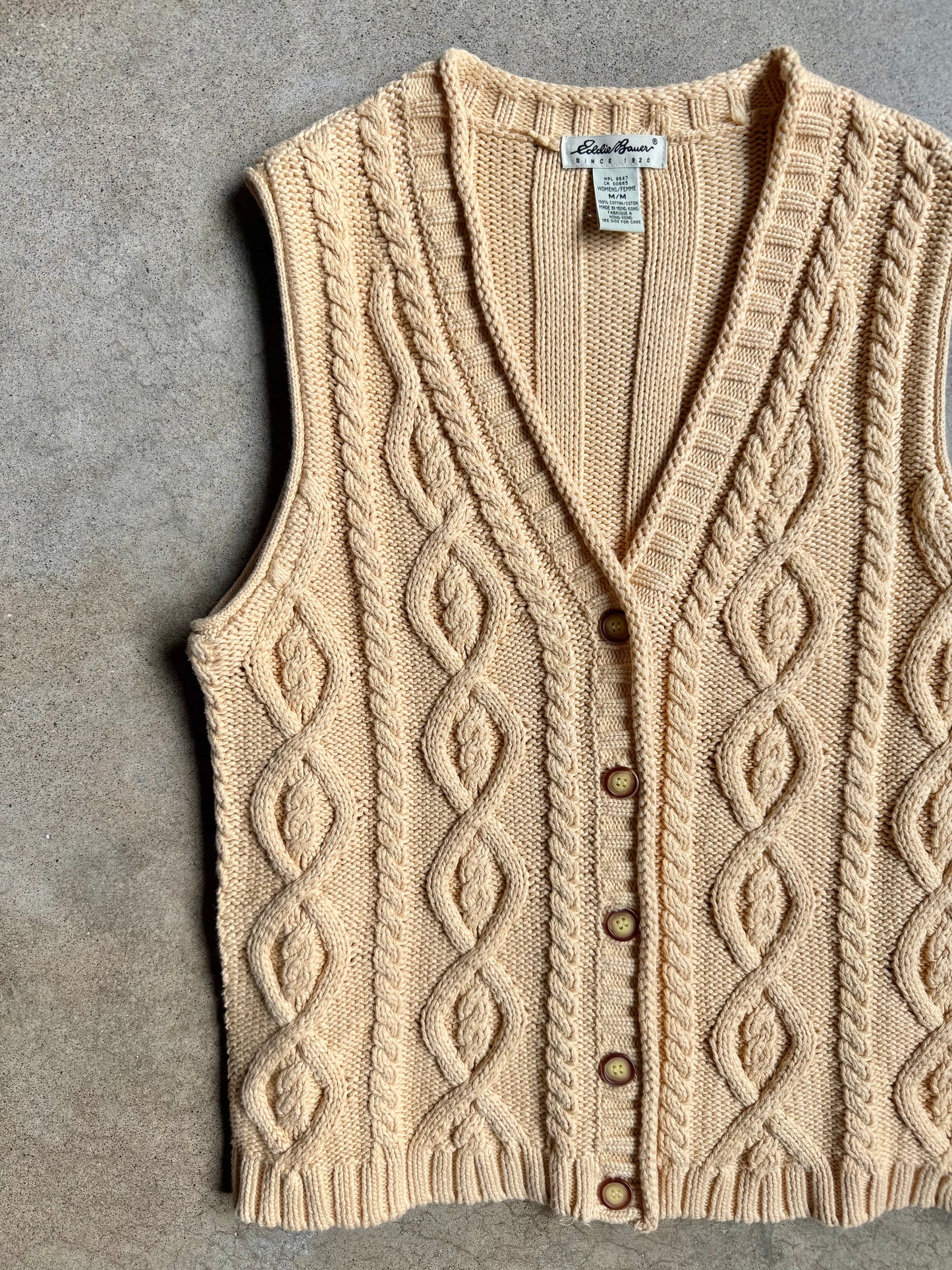 Vintage 1990s Eddie Bauer Yellow Cotton Cable-Knit Sweater Vest | Medium
