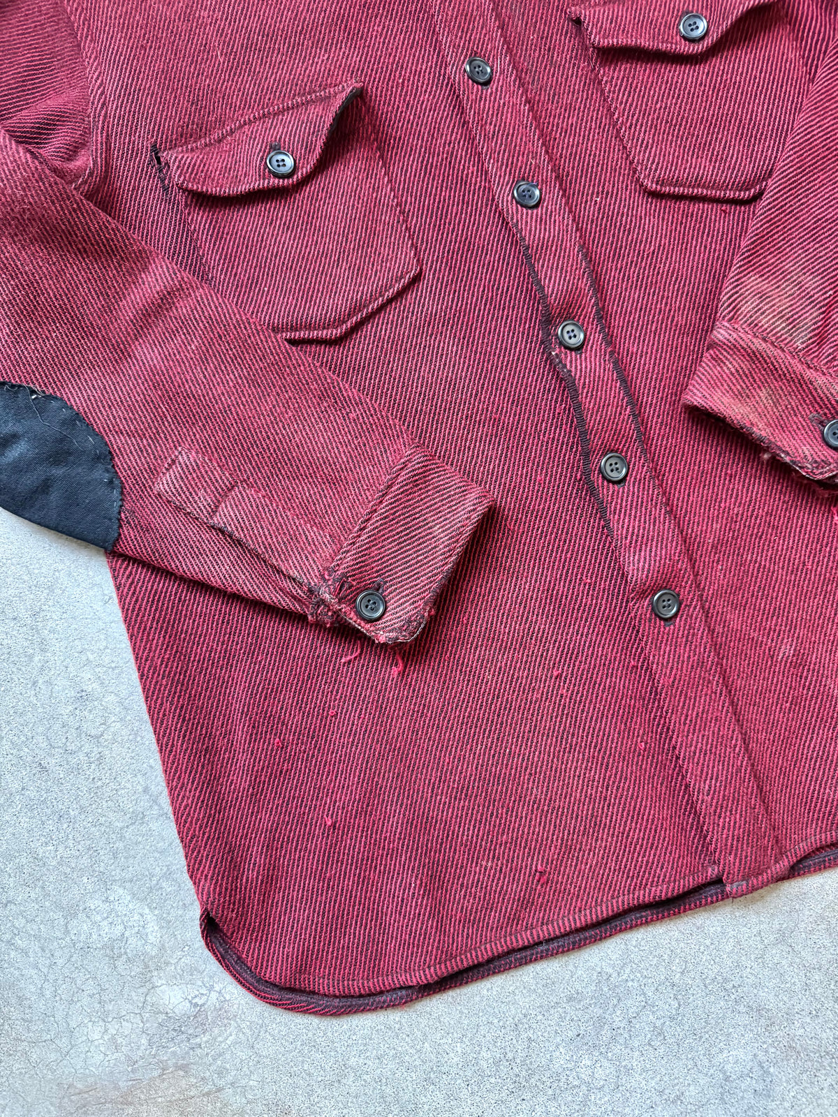 Vintage 1980s L.L. Bean Red & Black Woven Wool Elbow Patched Shirt Jacket | XL