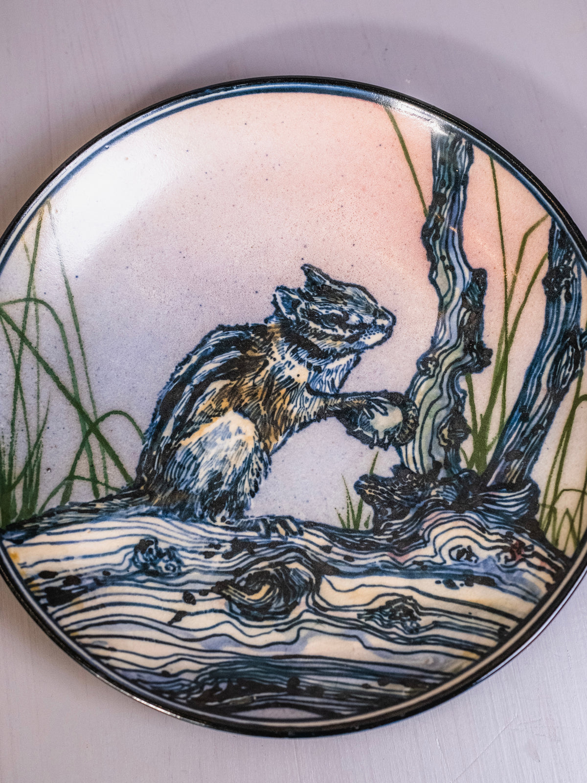Vintage Studio Pottery Hand-Illustrated “Chipmunk on Log” Ceramic Plate