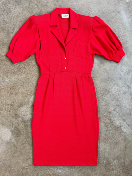 Vintage 1980s St. John for Saks Fifth Ave Red Puff Sleeve Button-Front Knit Dress | S/M