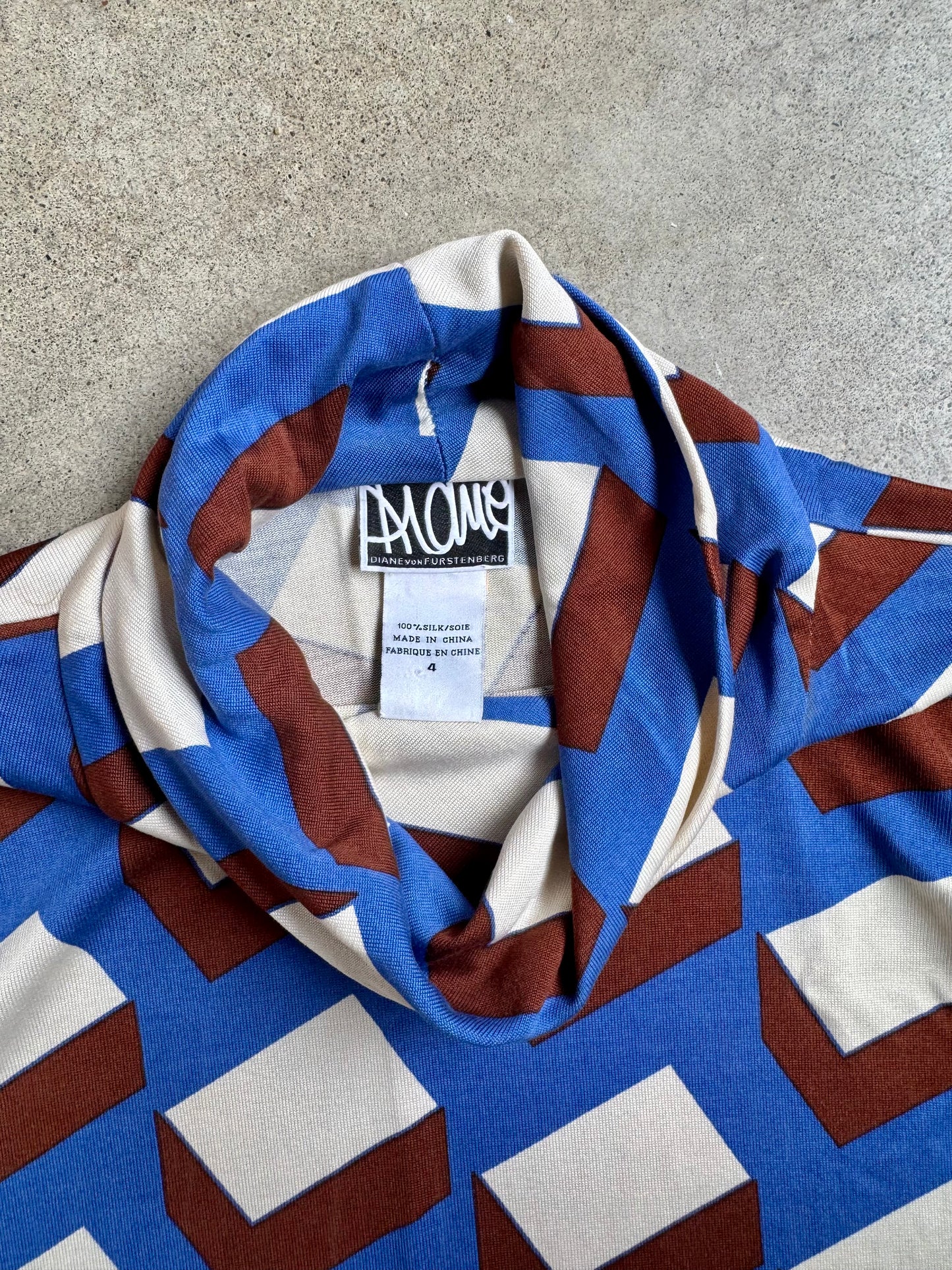 Vintage 1990s Diane Von Furstenberg 100% Silk Geometric Turtleneck Mini Dress | Small
