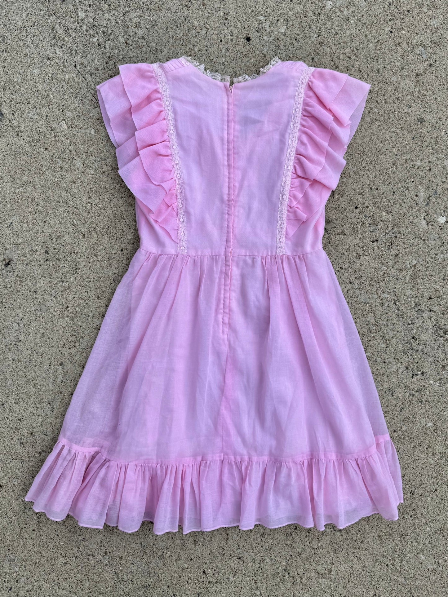 Vintage 1970s Candi Jones California Baby Pink Lace Frilled Babydoll Dress | Medium