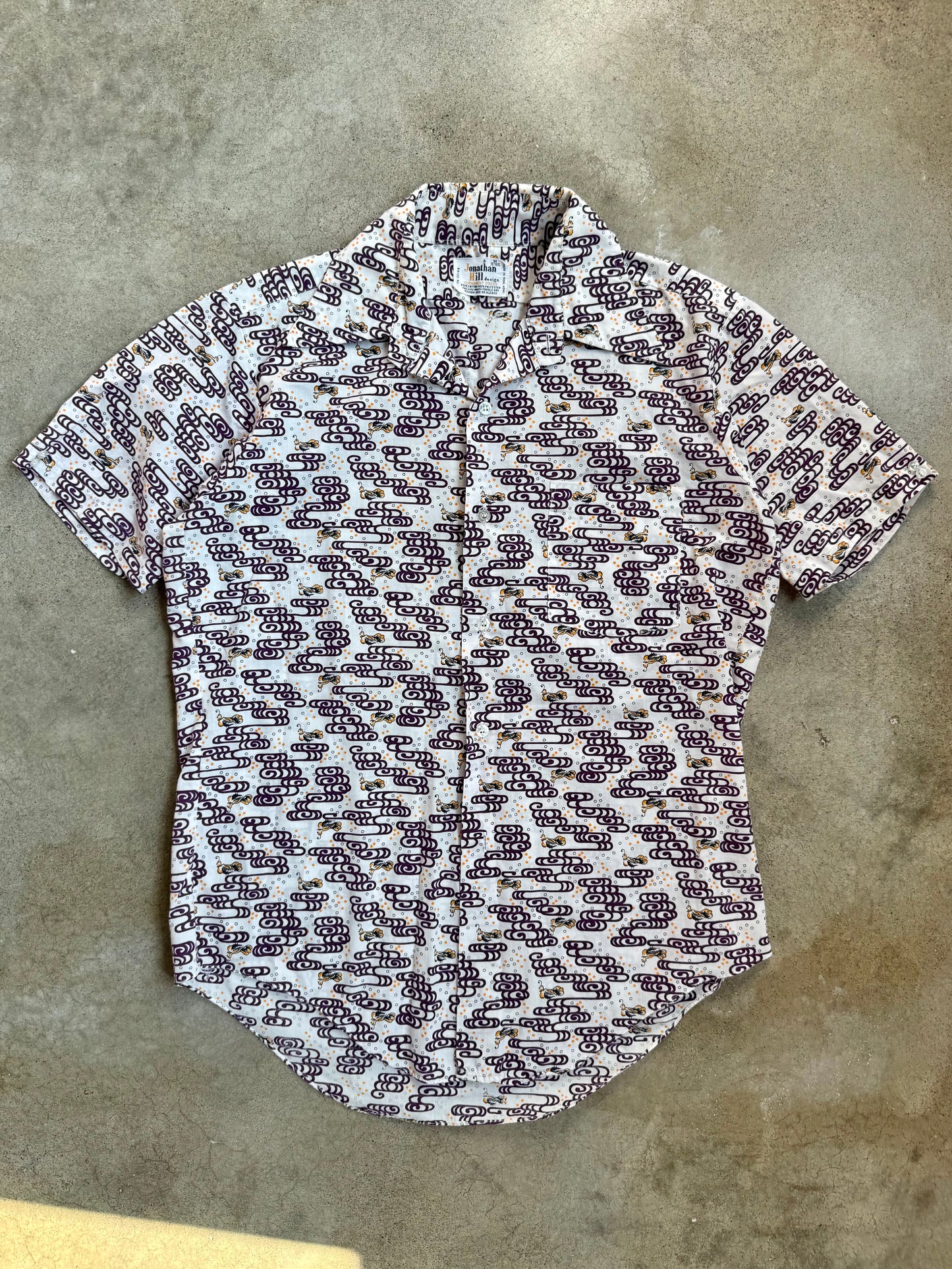 Vintage 1960s Jonathan Hill Bird Pattern Short Sleeve Shirt | Medium