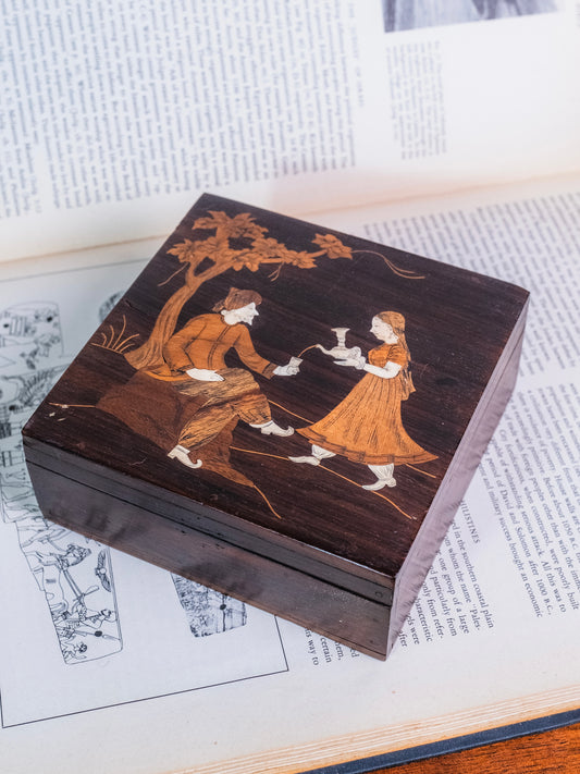 Vintage 1950s Rosewood Persian-Style Bone Inlay Folk Art Box