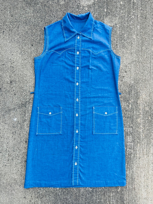 Vintage 1960s Blue Chambray Sleeveless Shirt Dress