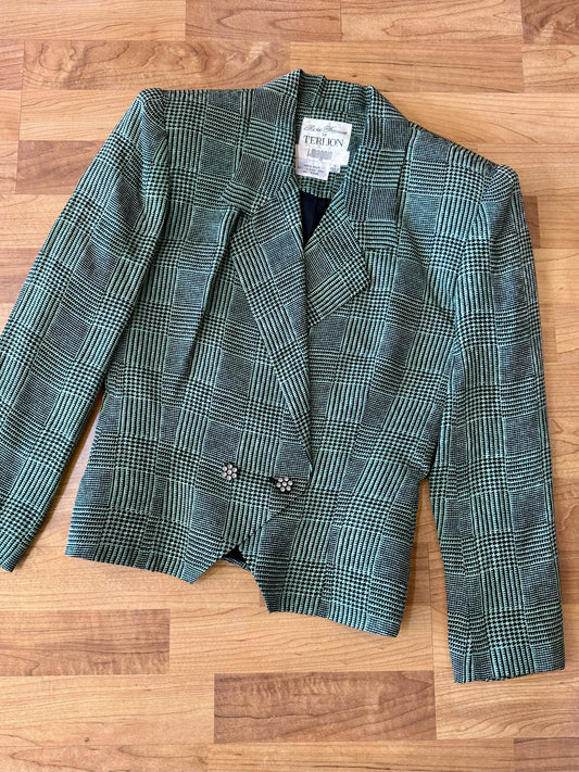 Vintage 1980s Teri Jon Mint Green Patterned Silk Blazer | Small