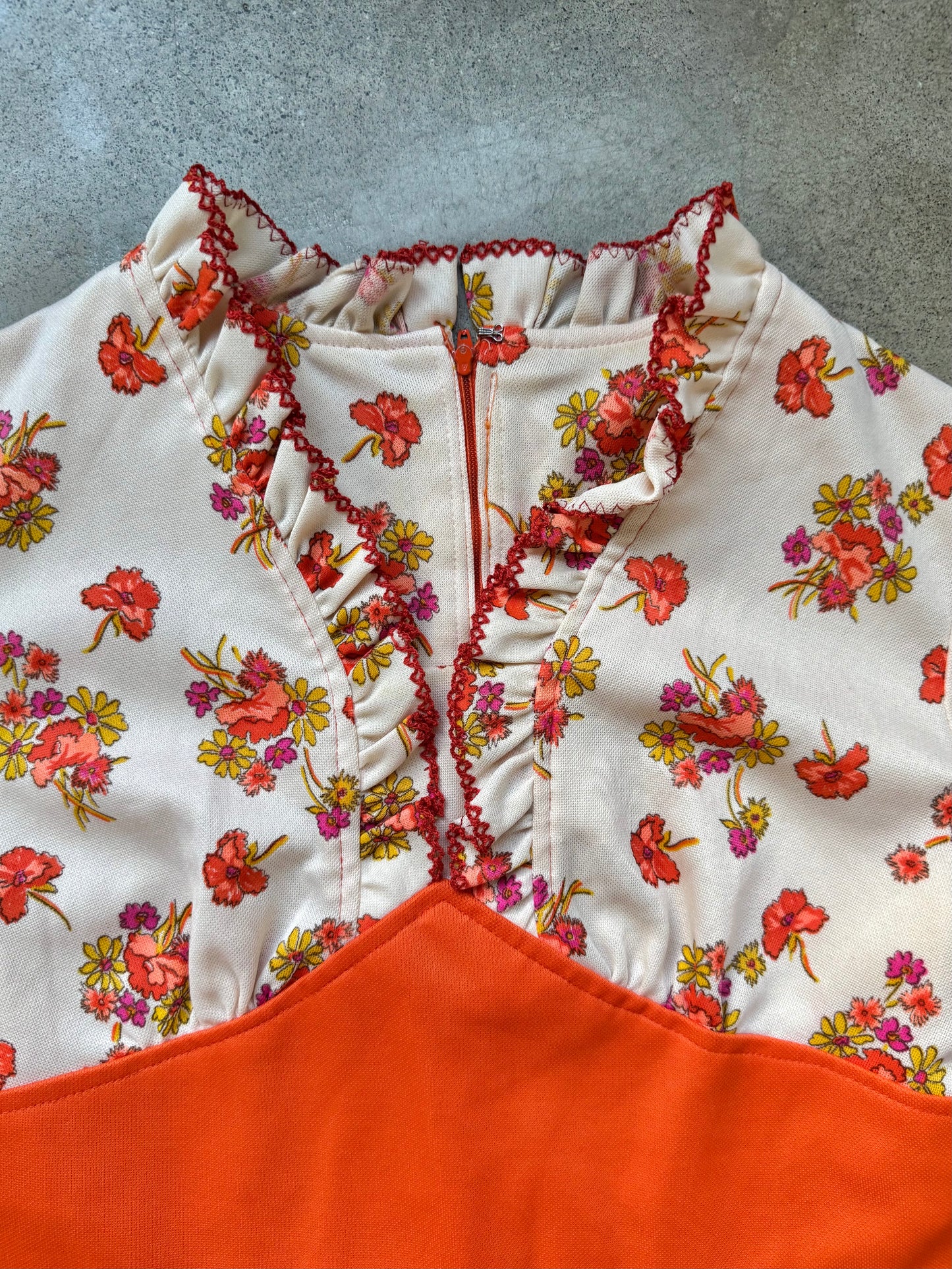 Vintage 1970s Orange Floral Print Long Sleeve Dress | Large