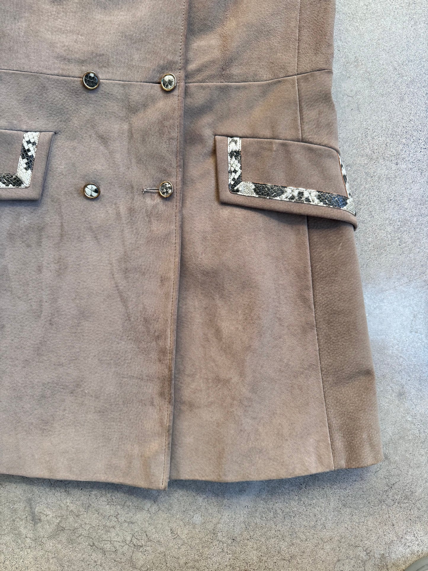 Vintage 1960s Suede Button-Front Mini Dress w/ Faux Snakeskin Trim | S/M