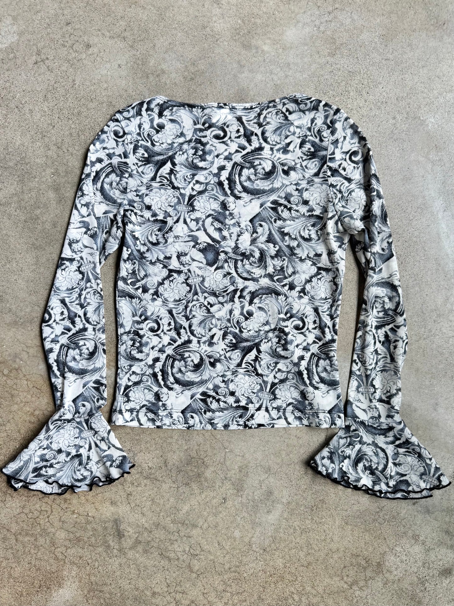 Vintage 1990s Studio Y Grey Baroque Print Ruffle Sleeve Mesh Top | Small