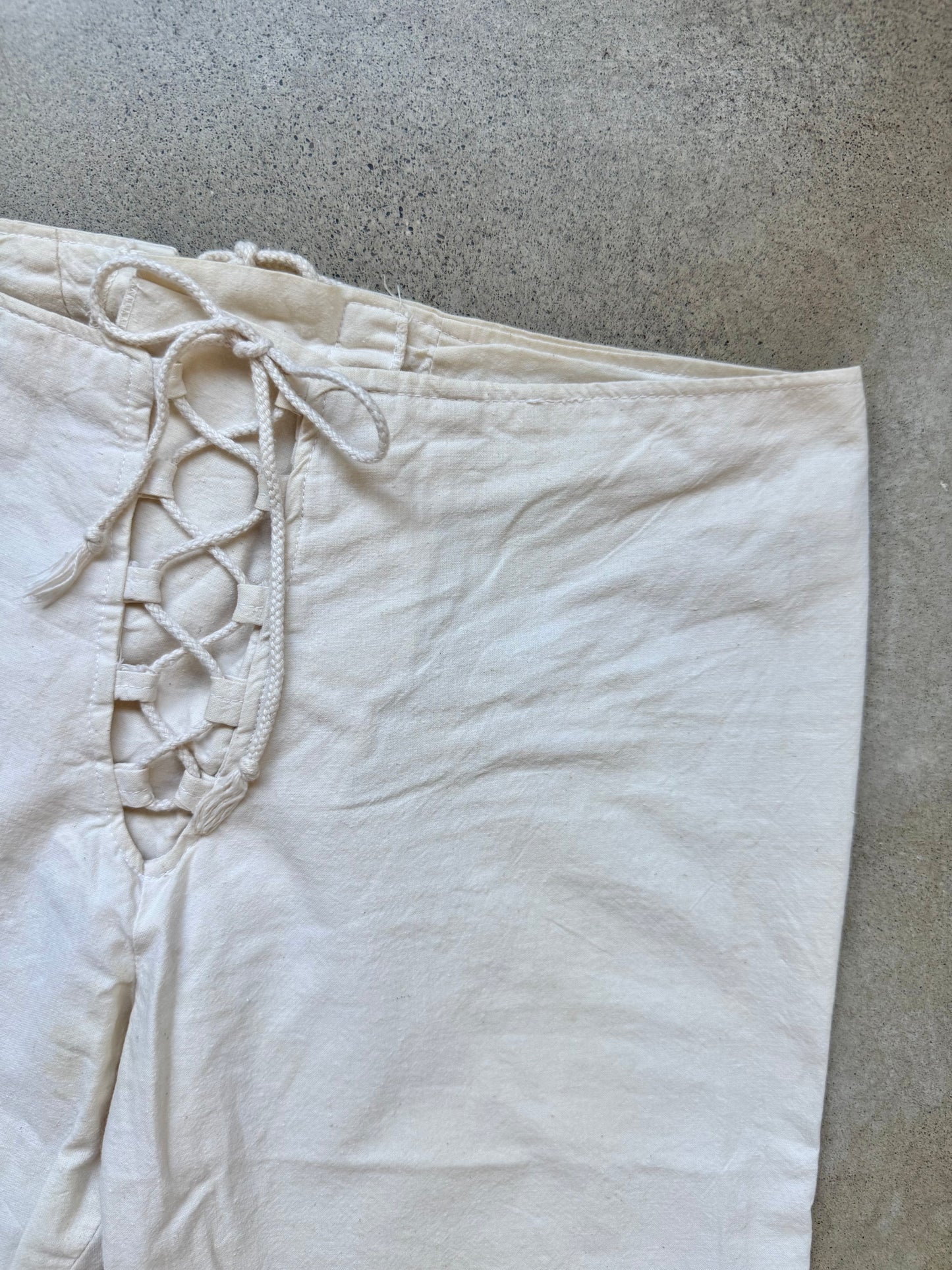 Vintage 1970s Philippe Salvet French Cotton Lace-Up Bell Bottom Pants | S/M