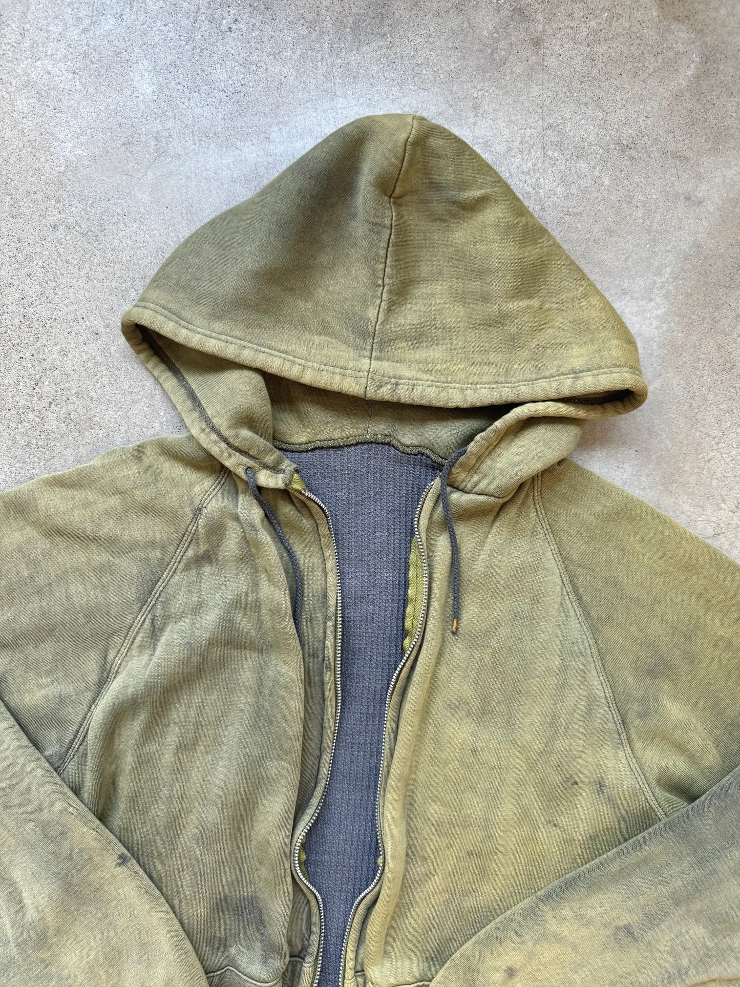 Vintage 1960s Distressed Green Thermal Lined Hooded Zip-Up Sweatshirt | Medium