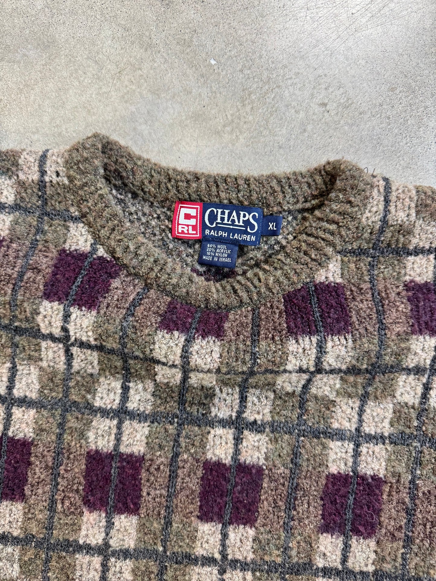 Vintage 1990s Chaps Ralph Lauren Plaid Wool-Blend Crewneck Sweater | XL