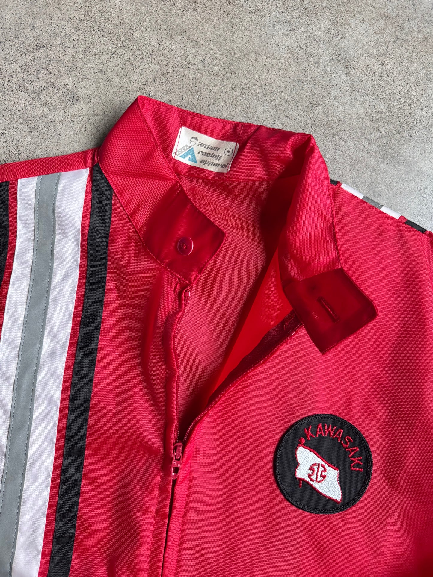Vintage 1980s Kawasaki Striped Red Zip-Up Windbreaker Jacket | Medium