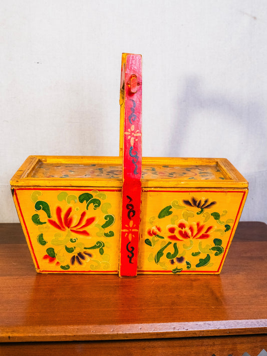 Antique Chinese Wood Red & Yellow Floral Painted Wedding Basket