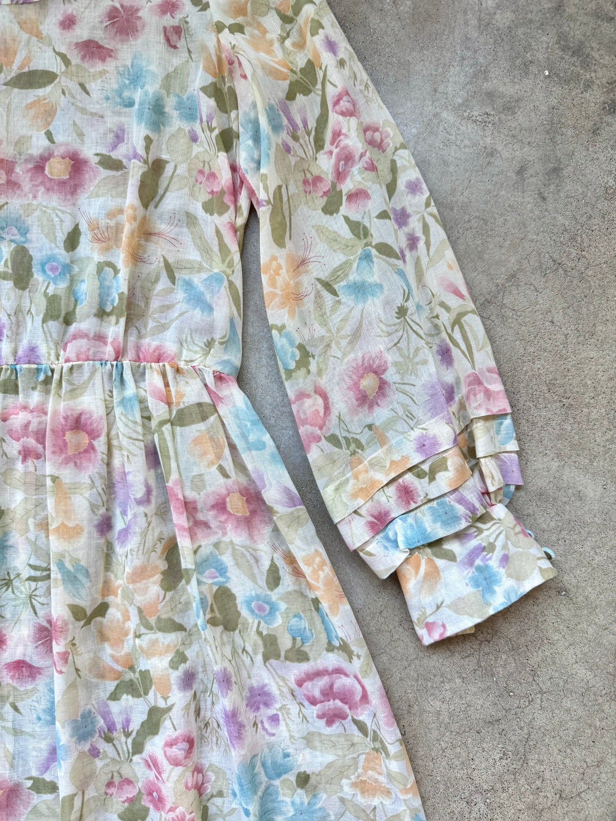 Vintage 1970s Handmade Sheer Pastel Floral Tie-Waist Maxi Dress | Small