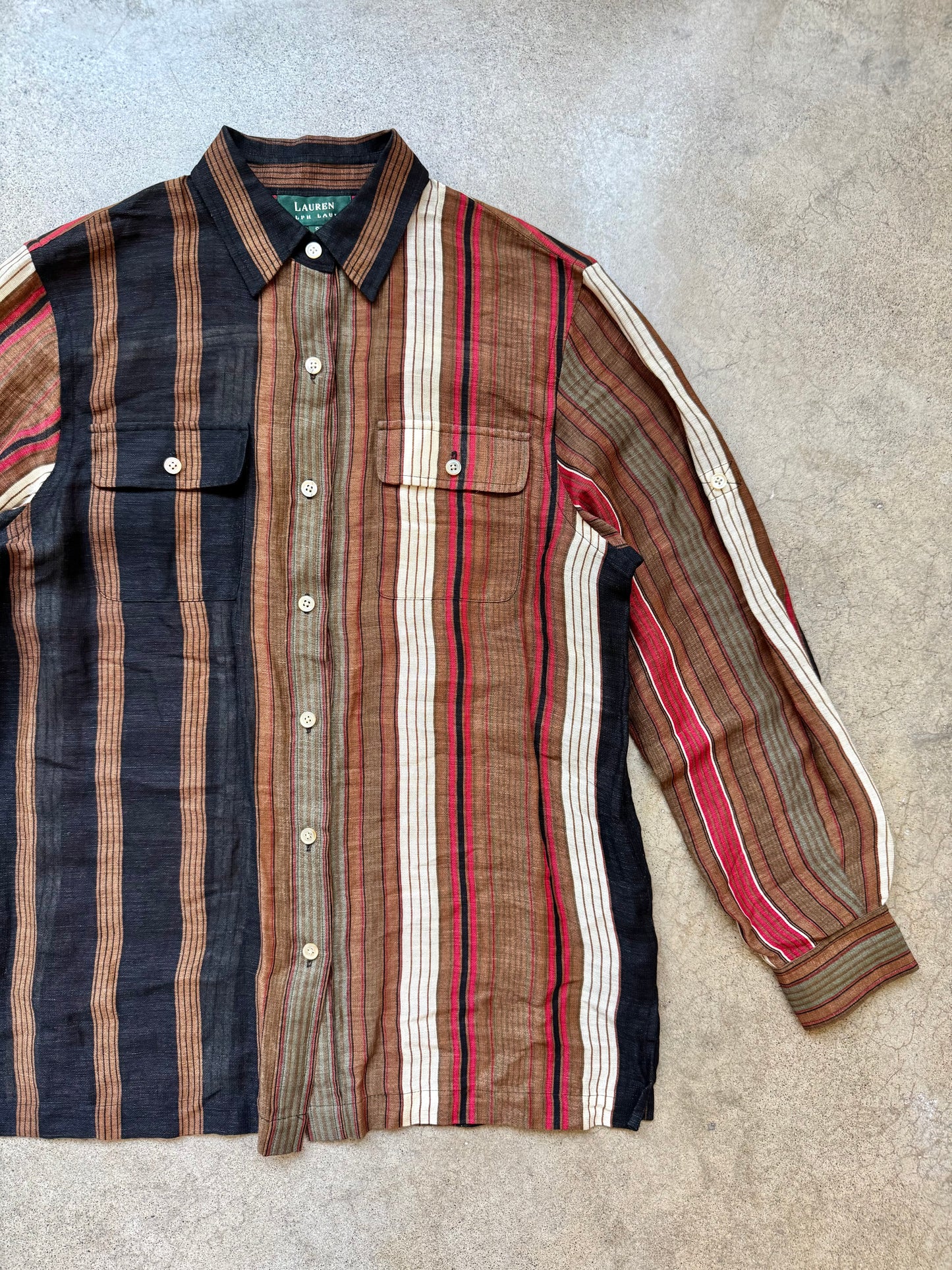 Vintage 1990s Lauren Ralph Lauren Striped Silk & Linen Buttoned Shirt | Small