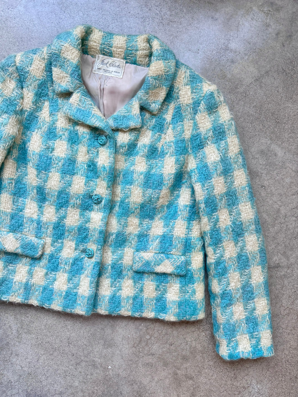 Vintage 1960s Blue & Cream Plaid Mohair-Blend Tweed Jacket | Small