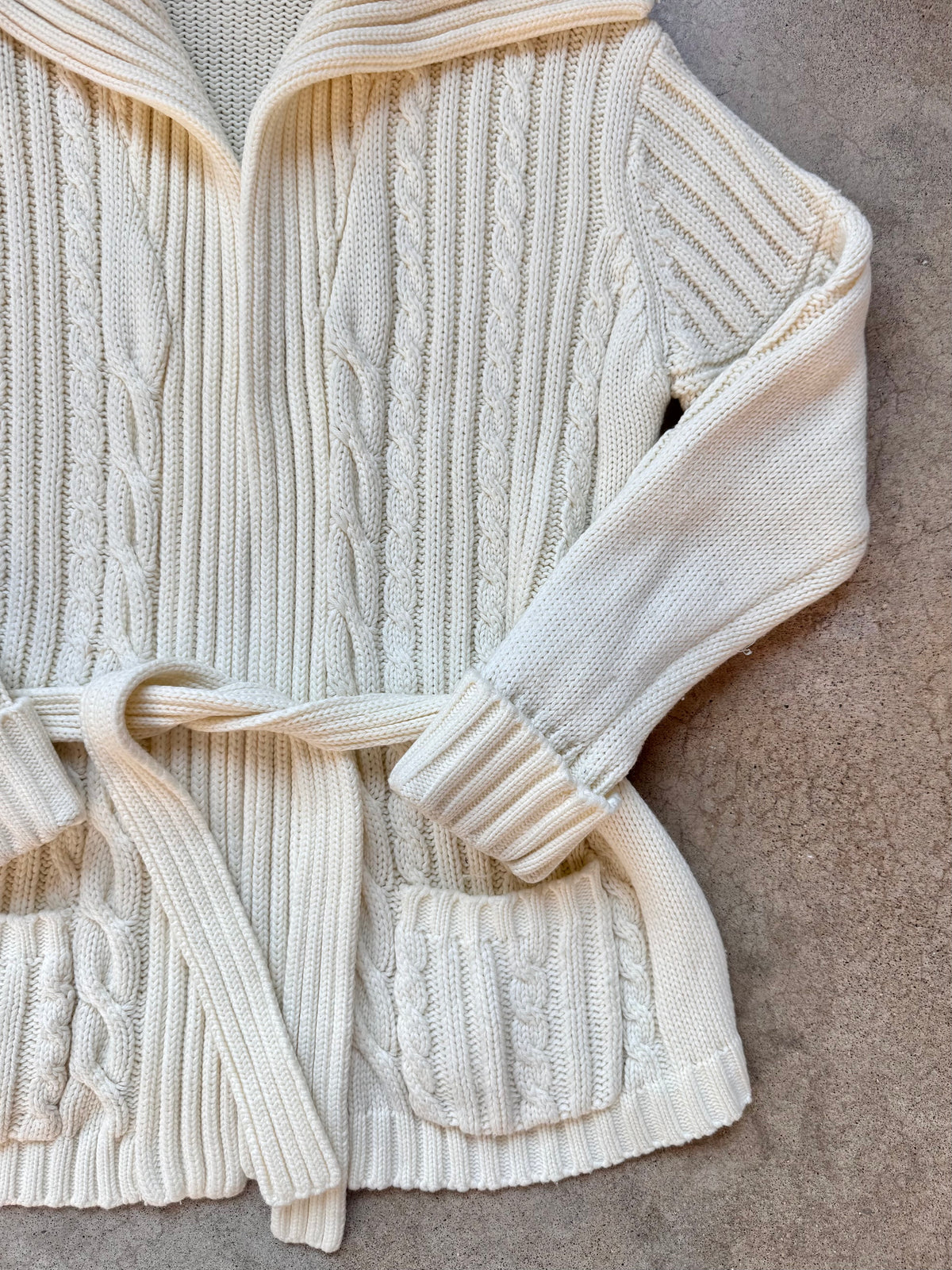 Vintage 1970s San Angelo by Aldo Verdi Cream Cable Knit Tie-Waist Cardigan | Medium