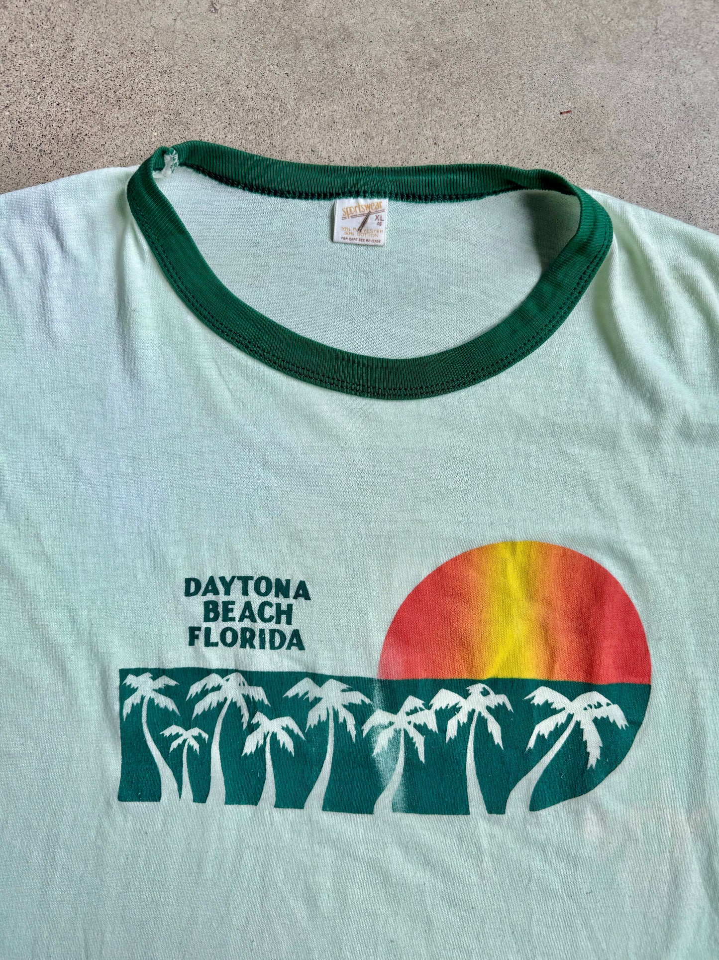 Vintage 1970s Daytona Beach Green Ringer Tee | XL